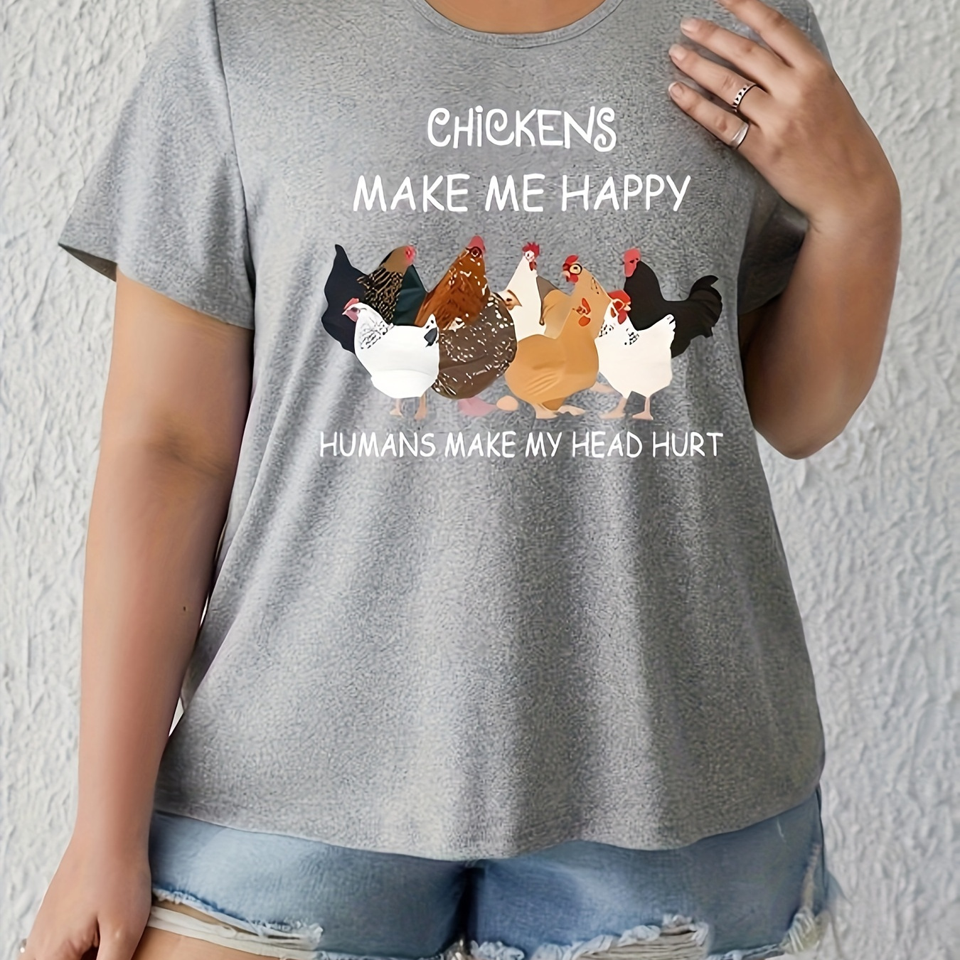 

Cartoon Chicken Print Loose Fit Casual T-shirt For Women, Soft Fabric, Relaxed Fit, Crew Neck, Short Sleeve, Plus Size