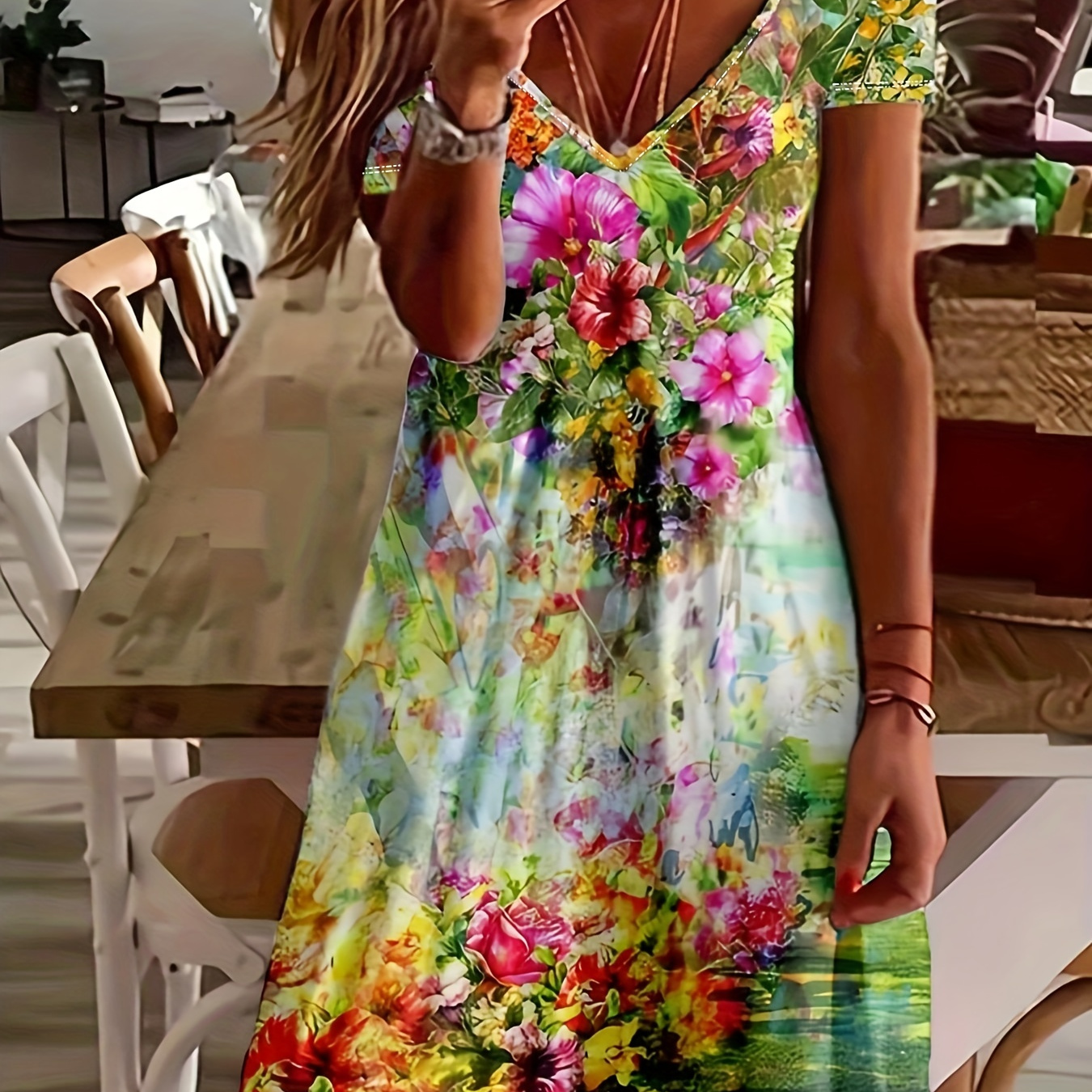 

Floral Print Dress, Casual V Neck Short Sleeve Midi Dress, Women's Clothing