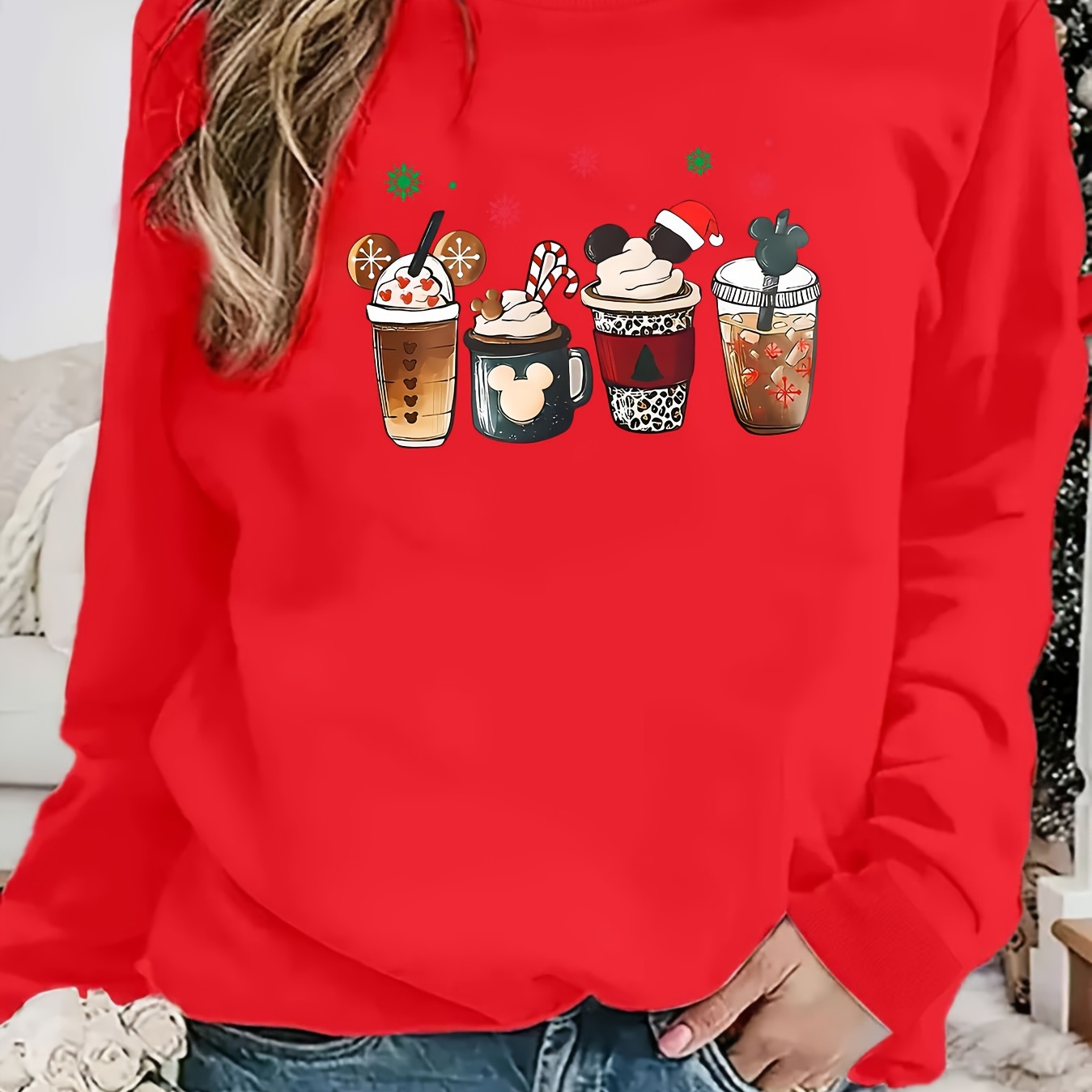 

Christmas Drink Print Pullover Sweatshirt, Casual Long Sleeve Crew Neck Sweatshirt For Fall & Spring, Women's Clothing