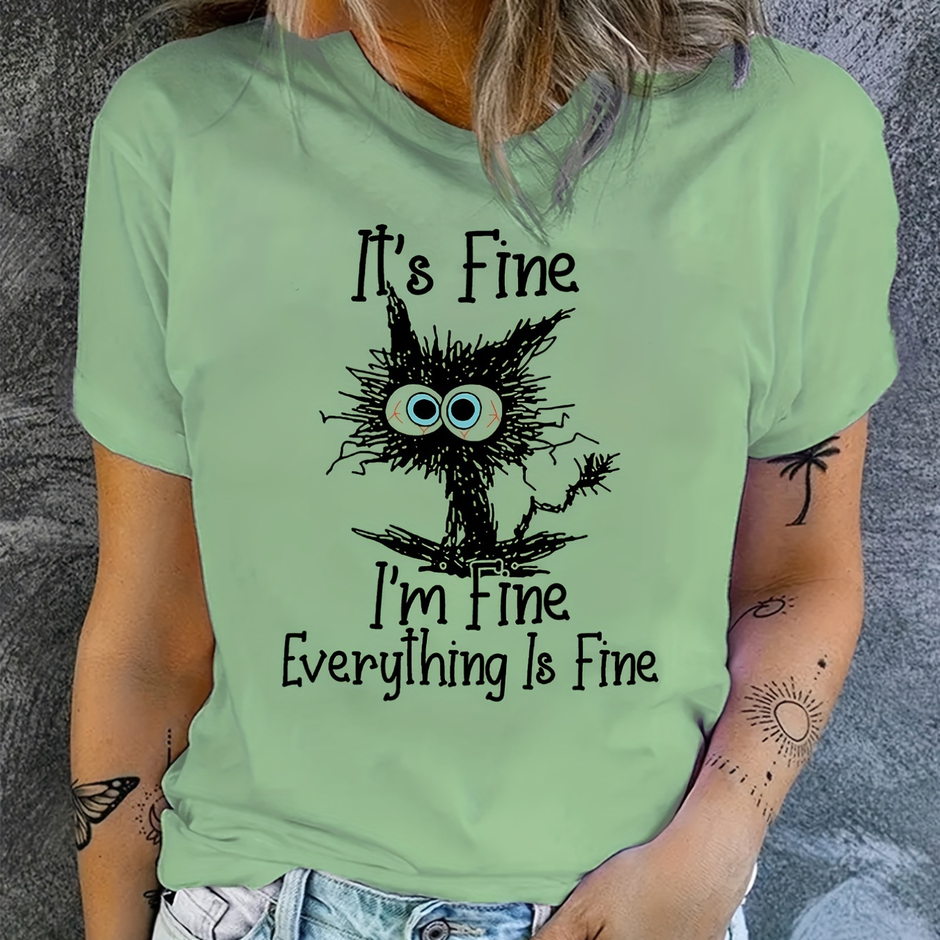 

I'm Fine Print Graphic T-shirt, Short Sleeve Crew Neck Casual Top For Summer & Spring, Women's Clothing