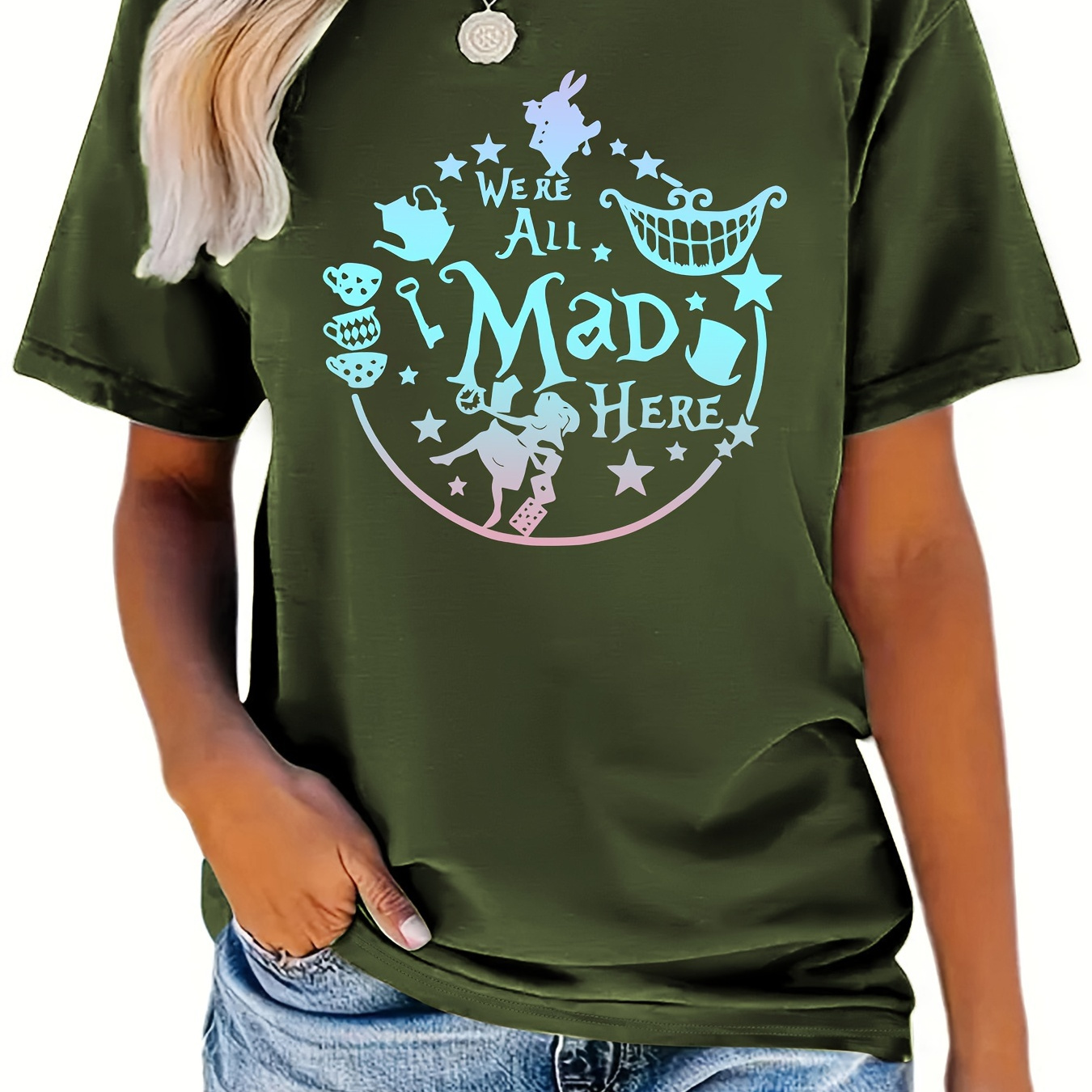 

Women's Casual Round Neck Short Sleeve T-shirt With "we Are All Mad Here" Print, Summer Sport Top