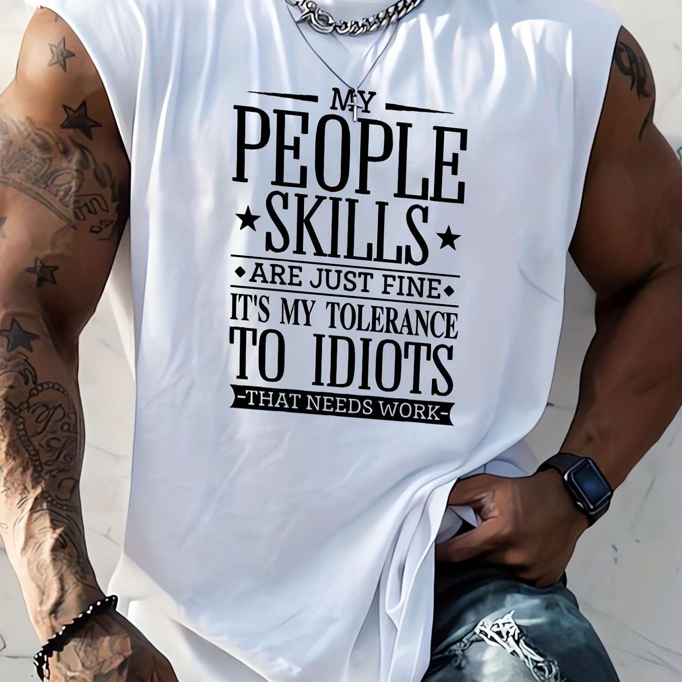 Plus Size Men's Casual Trendy "My People Skills" Graphic Print Sleeveless Tank Tops, Summer Oversized Loose Vest For Fitness, Workout, Training, Best Sellers