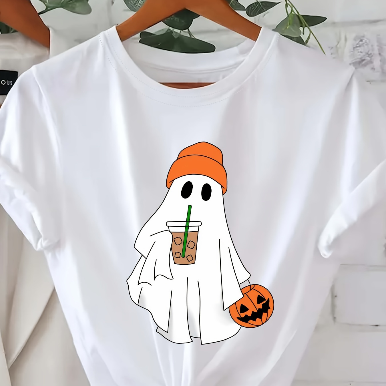 

Ghost Drinking Coffee Print T-shirt, Short Sleeve Crew Neck Casual Top For Summer & Spring, Women's Clothing