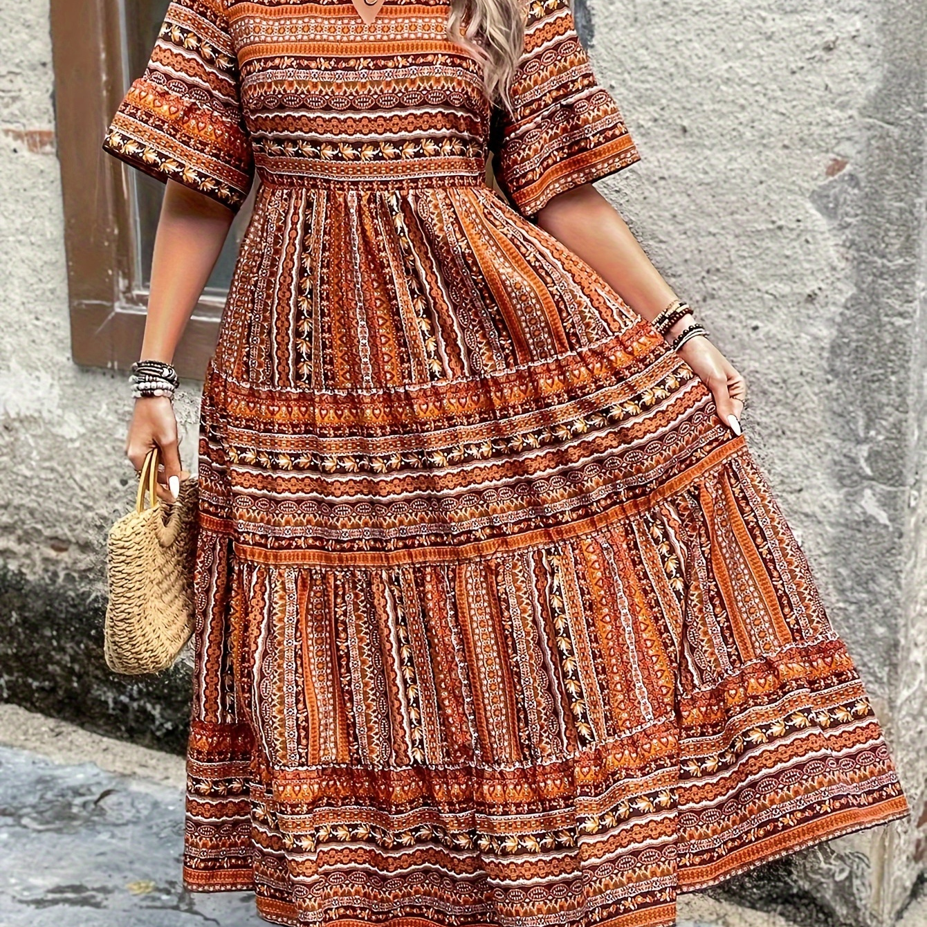 

Plus Size Ethnic Print Cinched Waist Dress, Boho Half Sleeve Notched Neck Dress For Spring & Summer, Women's Plus Size Clothing