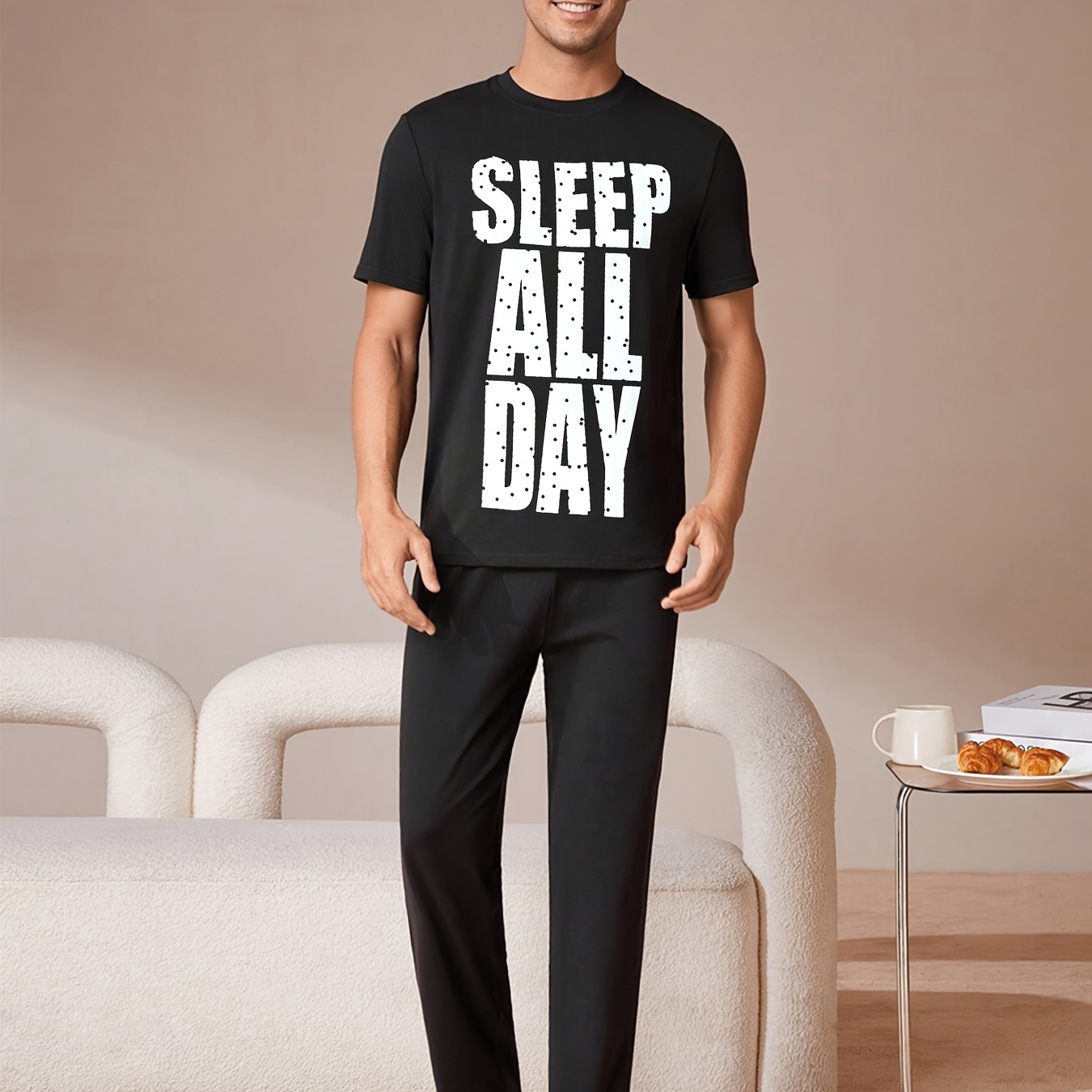 

Men's Letter Print Black Short Sleeve Long Pants Round Neck Pullover Pajama Set, Casual Style, Stretch Fabric, Knitted, Polyester, All Seasons, Regular Fit, Home Wear