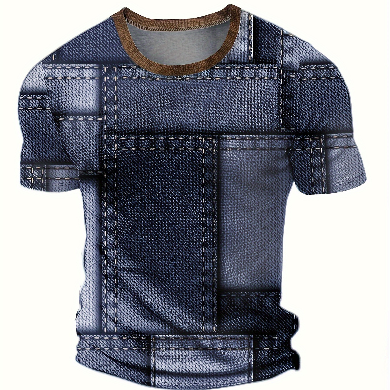

Men's 3d Digital Denim Pieces Patchwork Pattern Crew Neck And Short Sleeve T-shirt, Stylish And Trendy Tops For Summer Street Wear