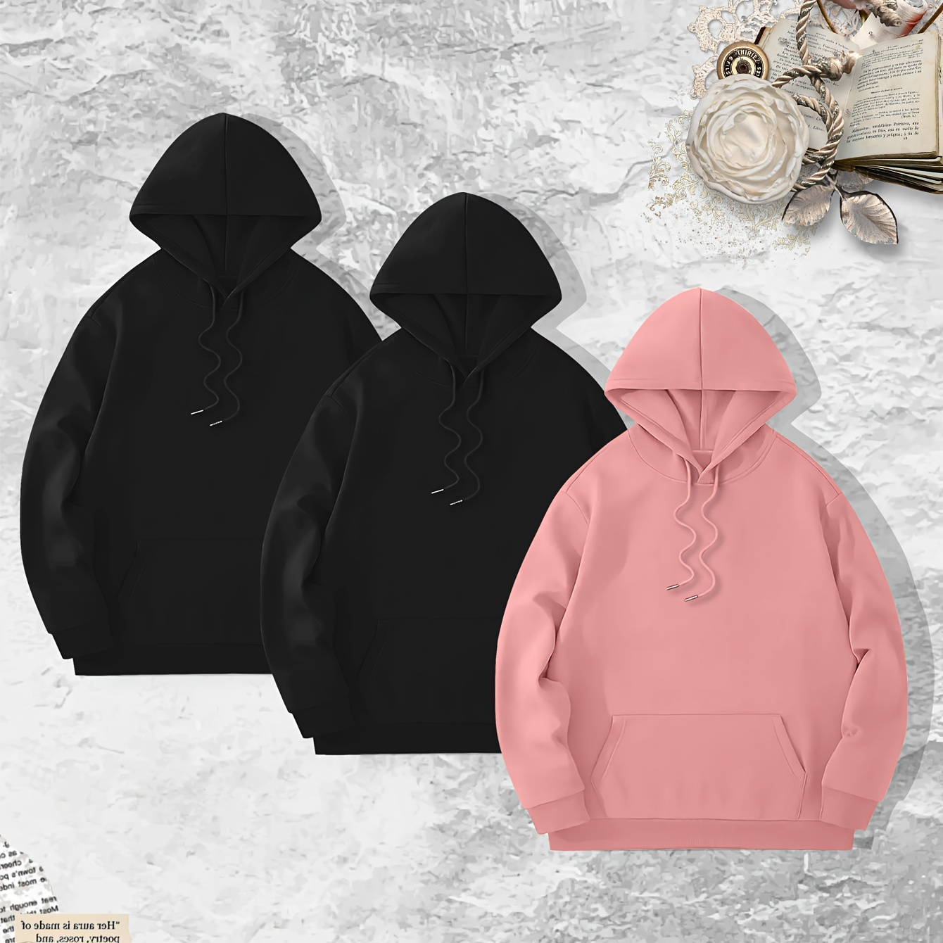 

3pcs Cool Hoodies Set For Men, Men's Casual Basic Solid Hooded Sweatshirt Streetwear For Winter Fall, As Gifts