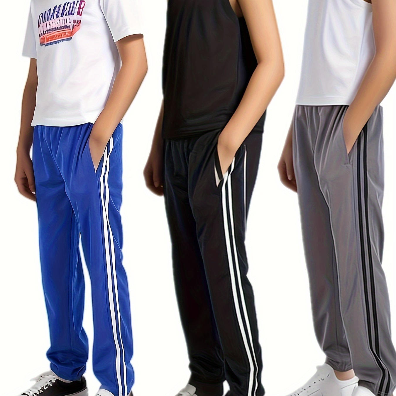 

3-piece Set Boy's Athletic Open Hem Sweatpants With Pockets, Youth Casual Straight-leg College Style Track Pants - Sporty Outdoor Active Wear