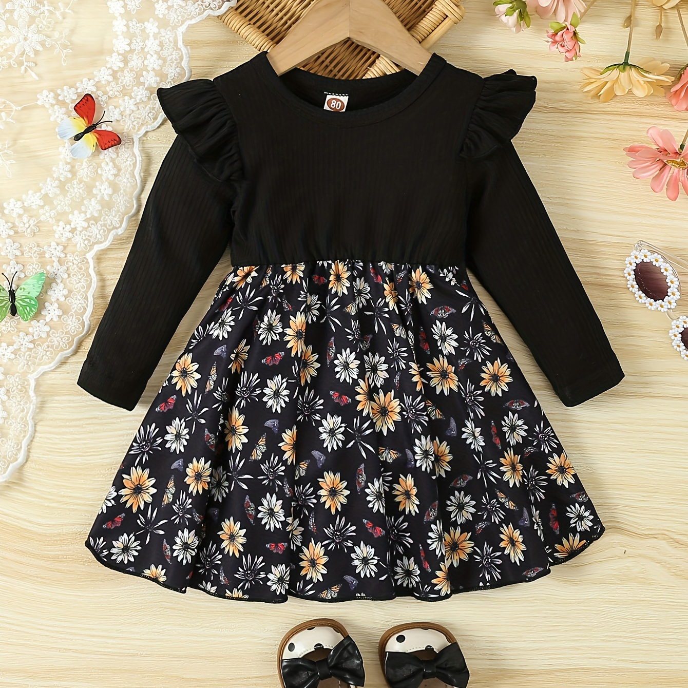 

Infant Toddler Baby Girls Ruffle Long Sleeve Flower Pattern Print Cute Dress