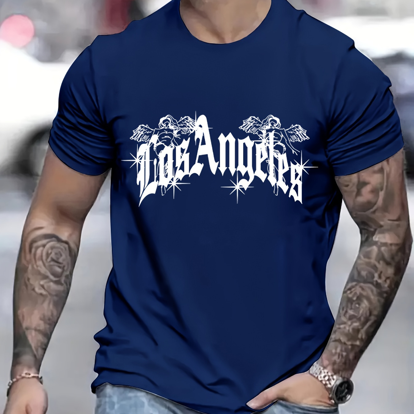 

Stylish Letter Los Angeles Print Men's T-shirt, Crew Neck Short Sleeve Tops, Graphic Tee Men's Summer Clothes, Men's Outfits