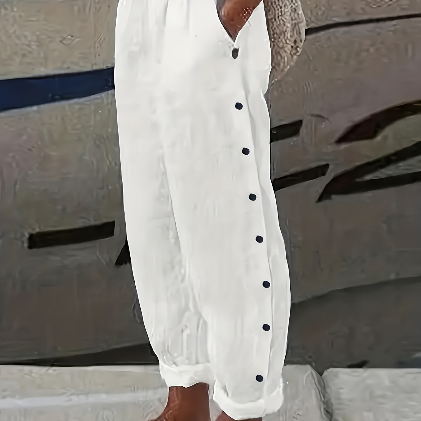 

Plus Size Button Decor Solid Pocket Pants, Casual Elastic Waist Pants For Spring & Summer, Women's Plus Size Clothing