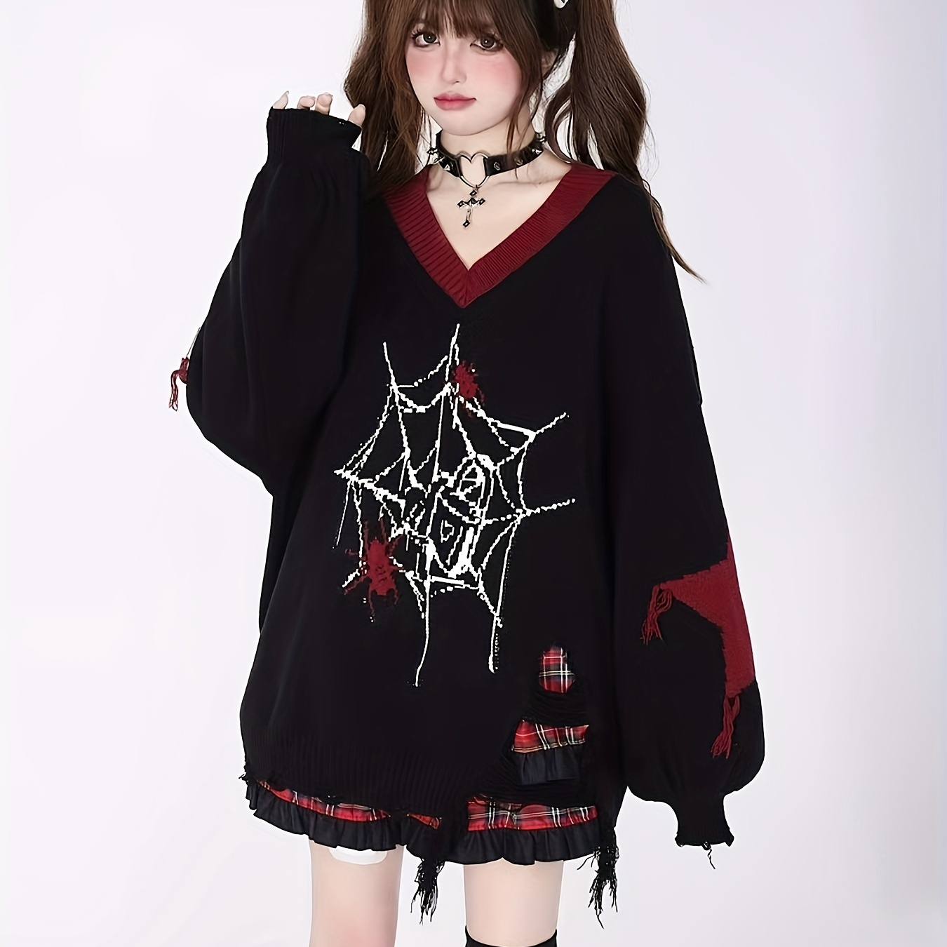 

1pc Cute Gothic-inspired Acrylic Knit Sweater, V-neck Long Sleeve Pullover With Tassel Detail, Animal And Pattern, Loose Fit Lantern Sleeve Top For Fall/winter