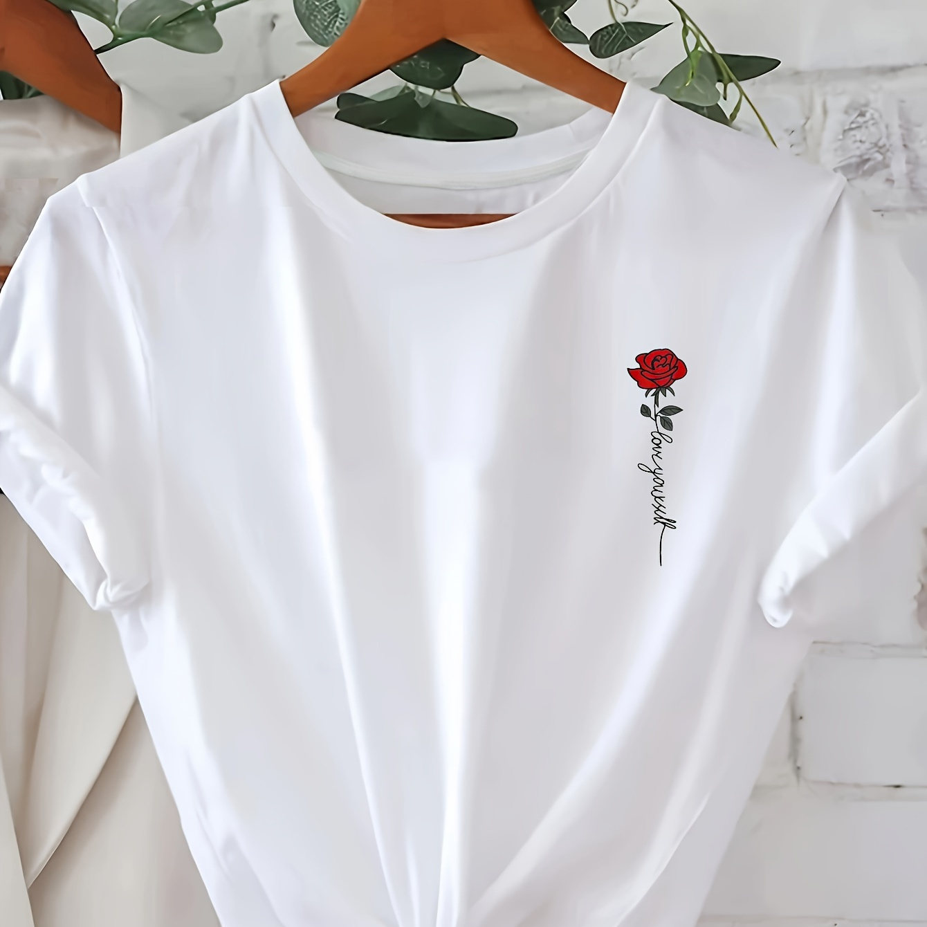 

Rose & Letter Print T-shirt, Casual Crew Neck Short Sleeve Top For Spring & Summer, Women's Clothing