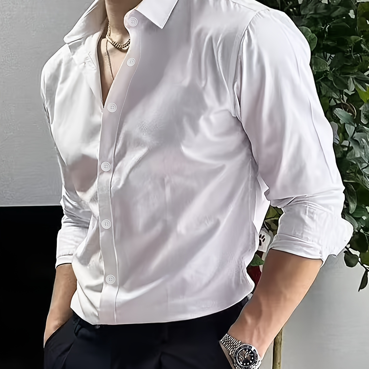 

Men' White Long Sleeve Dress Shirt - Classic Button-up With Pointed Collar, Lightweight Polyester For Spring/fall Business Casual Wear, Business Casual Attire | | Nontransparent Material