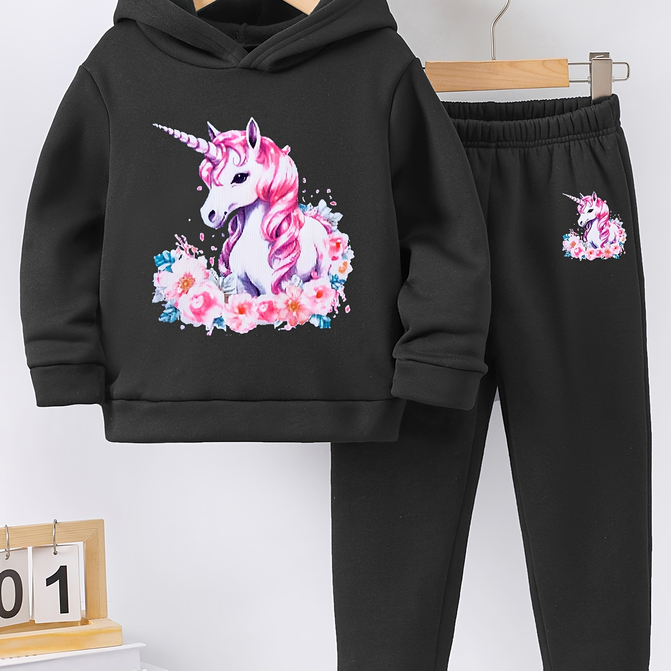 

2pcs Girls' Autumn/winter Cartoon Animal Print Warm Fleece Hoodie And Pants Set, Polyester Blend, Soft And Warm