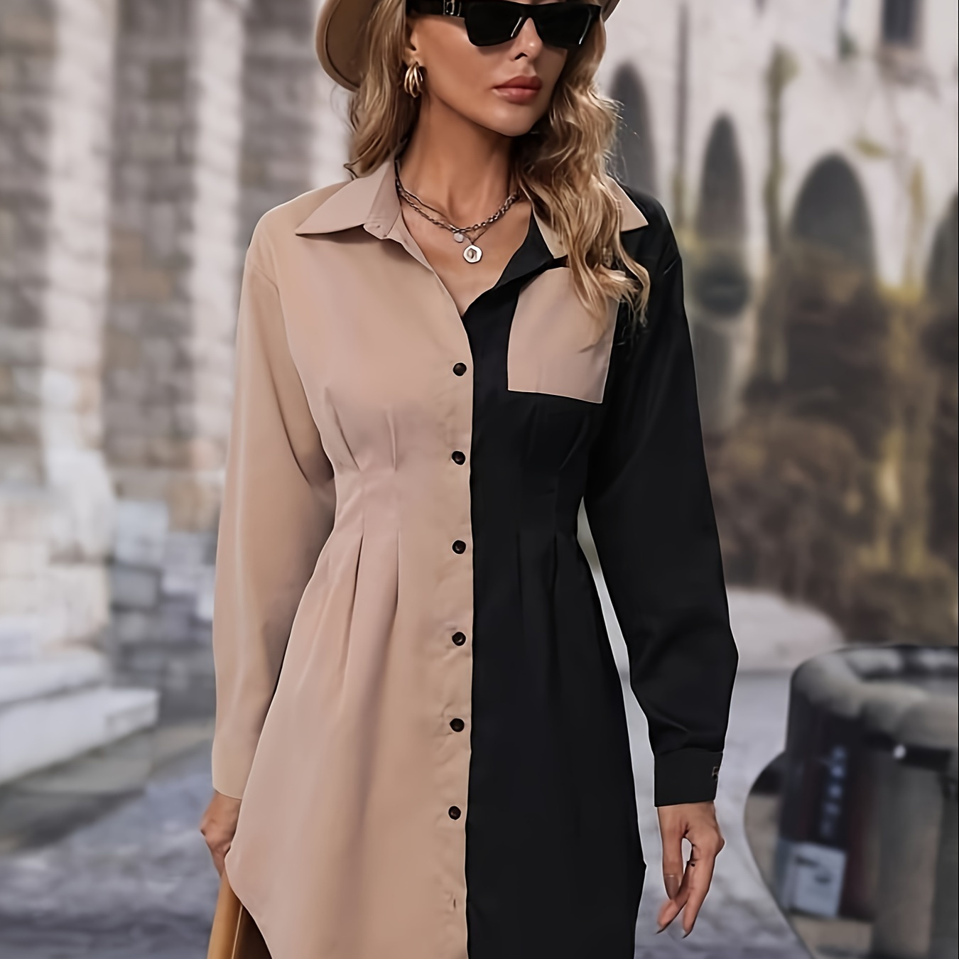 

Color Block Pleated Shirt Dress, Elegant Button Front Long Sleeve Slim Dress For Spring & Fall, Women's Clothing