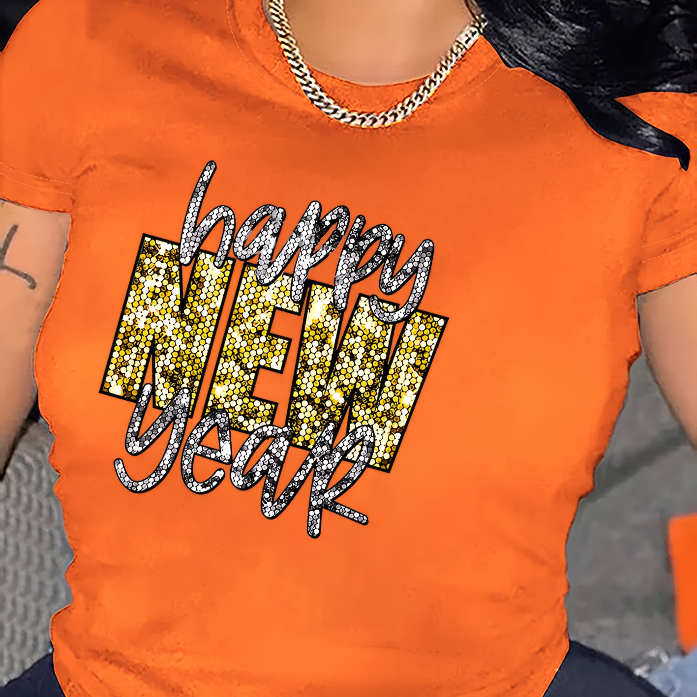 

Happy New Year Glitter Graphic T-shirt, Casual Crew Neck Short Sleeve Top, Polyester Knit Fabric, Regular Length, With Sequin For All