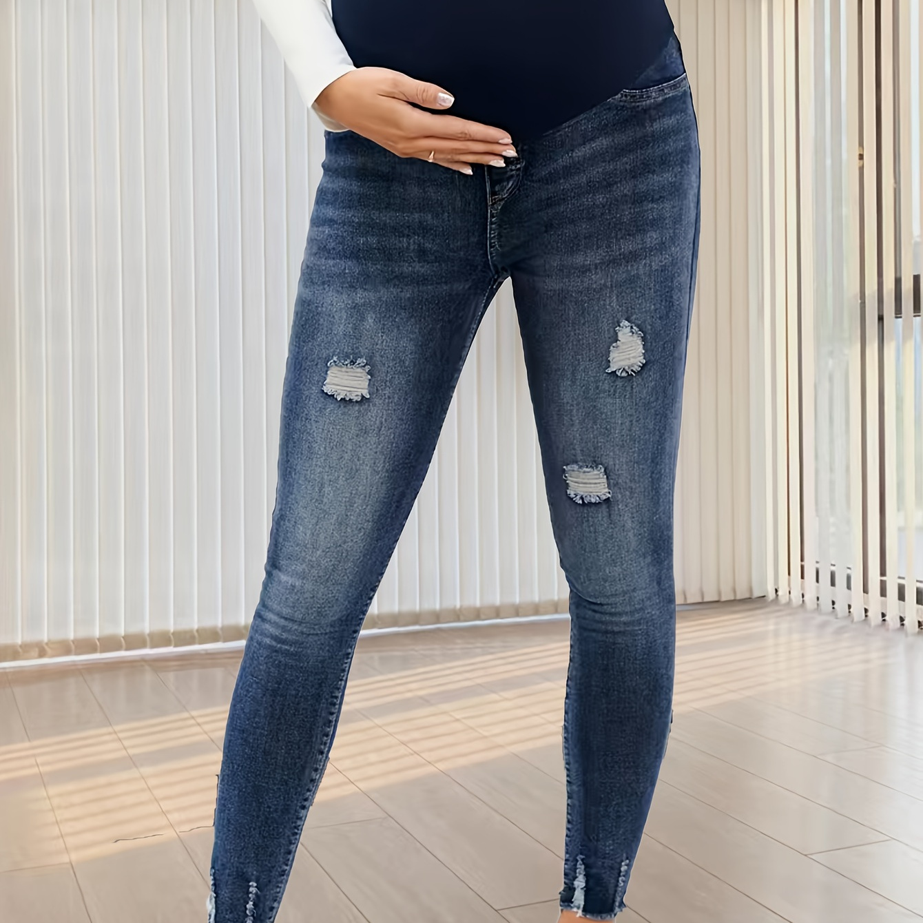Women's Maternity Trendy Solid Ripped Denim Pants, Casual Fashion Pregnancy  Jeans For Outdoor