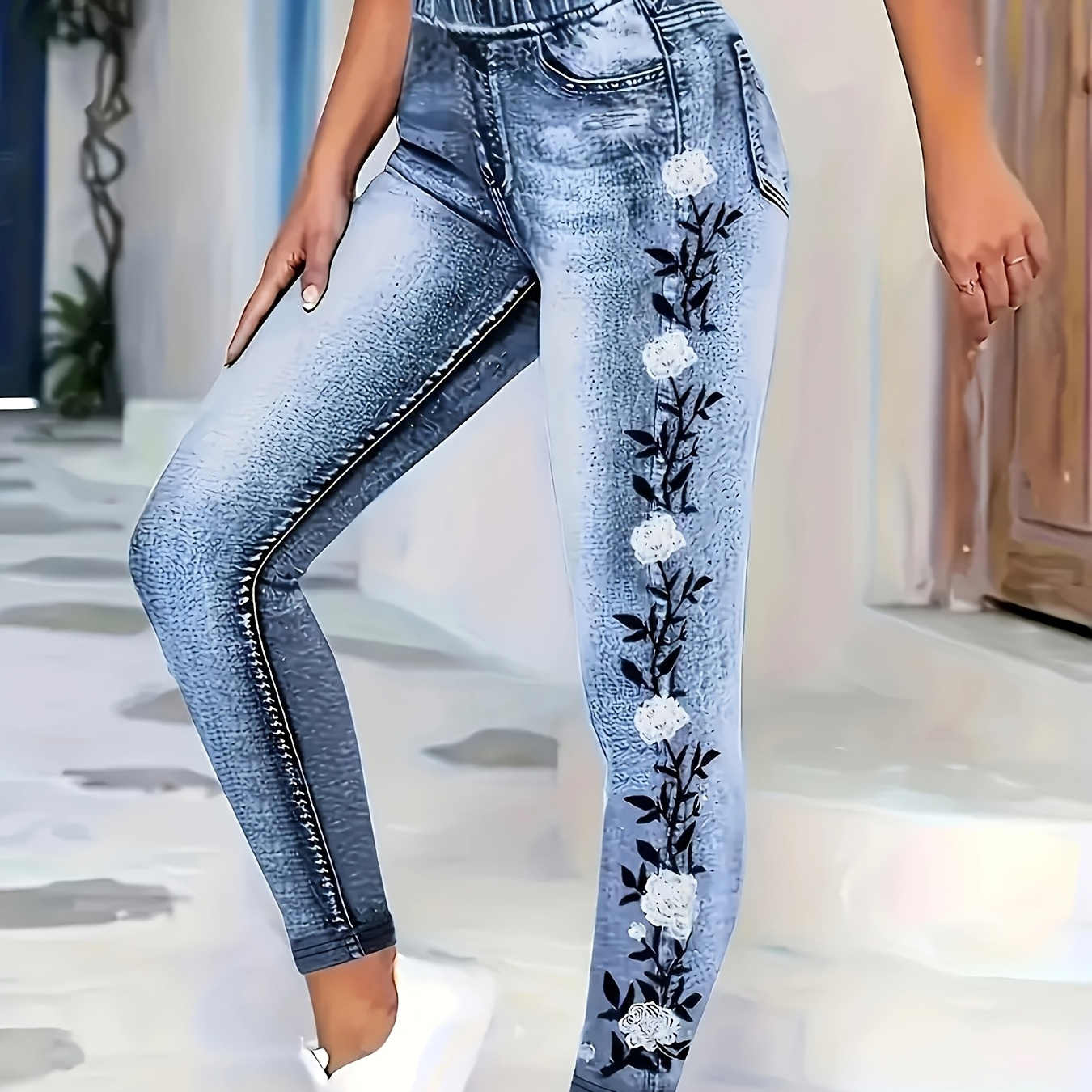 

Women's Fashionable Cowboy Floral Print High Waist Skinny Jeans, Casual Stretch Leggings, Suitable For All