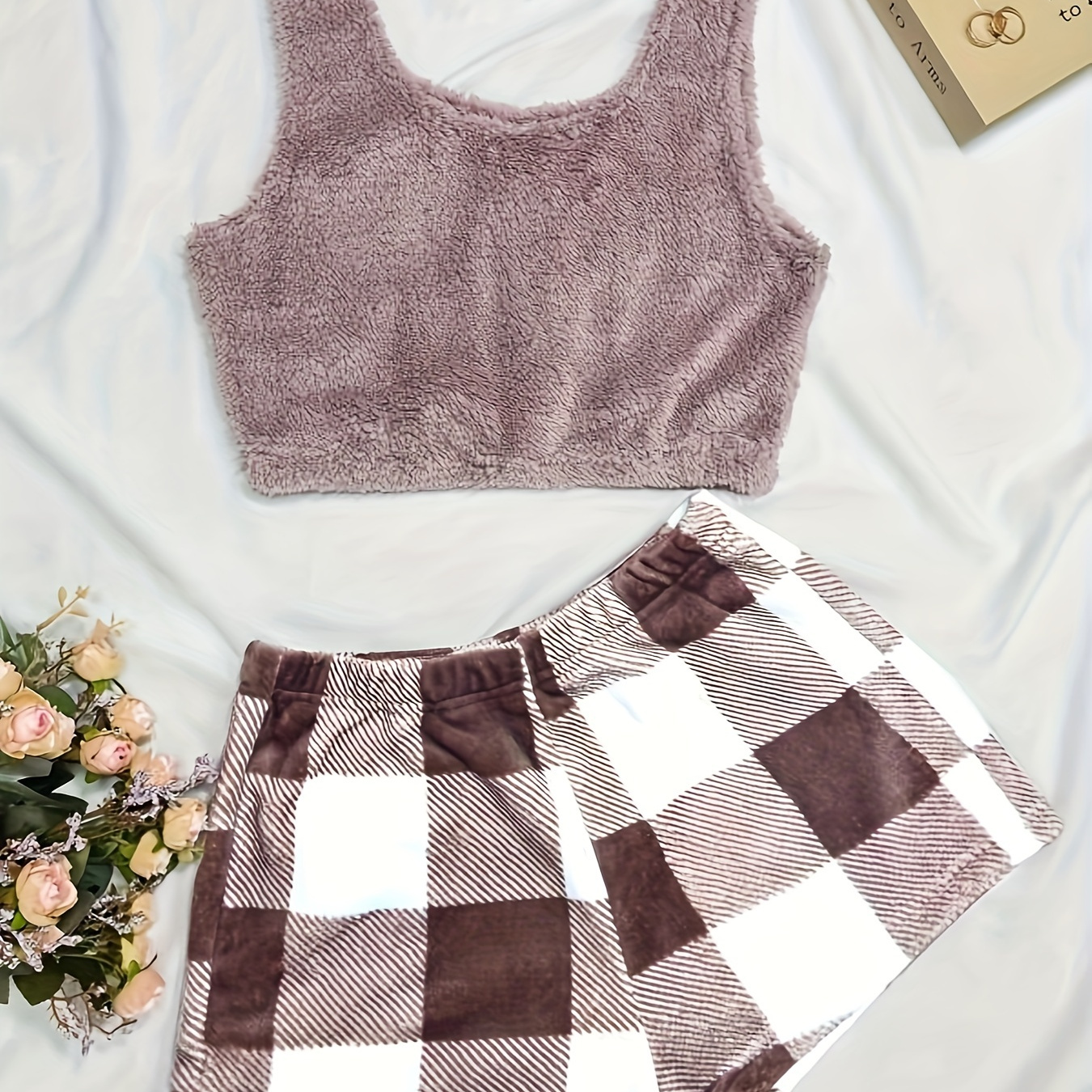 

Casual Plush Two-piece Set, Cropped Tank Top & Plaid Print Shorts Outfits, Women's Clothing