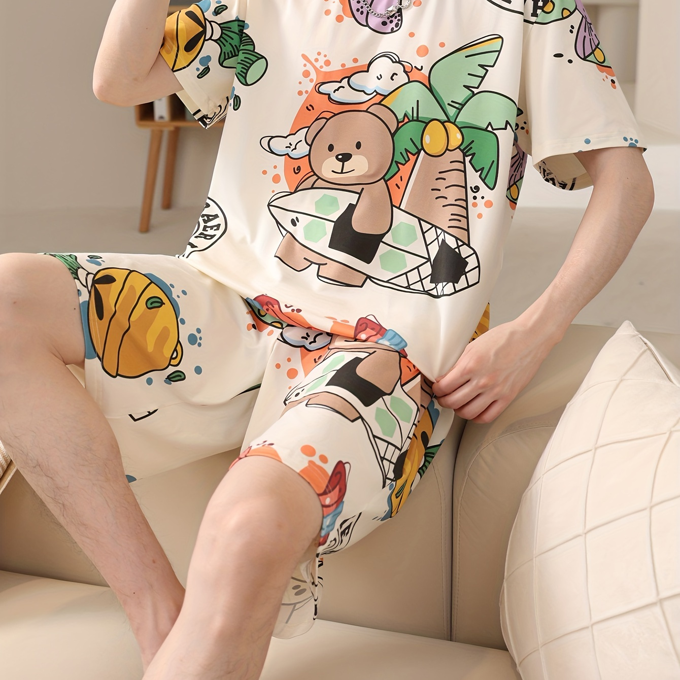 

2 Pcs Men's Bear Print Short Sleeve T-shirts & Shorts Pajama Sets, Comfortable & Skin-friendly Style Pajamas For Men's Cozy Loungewear