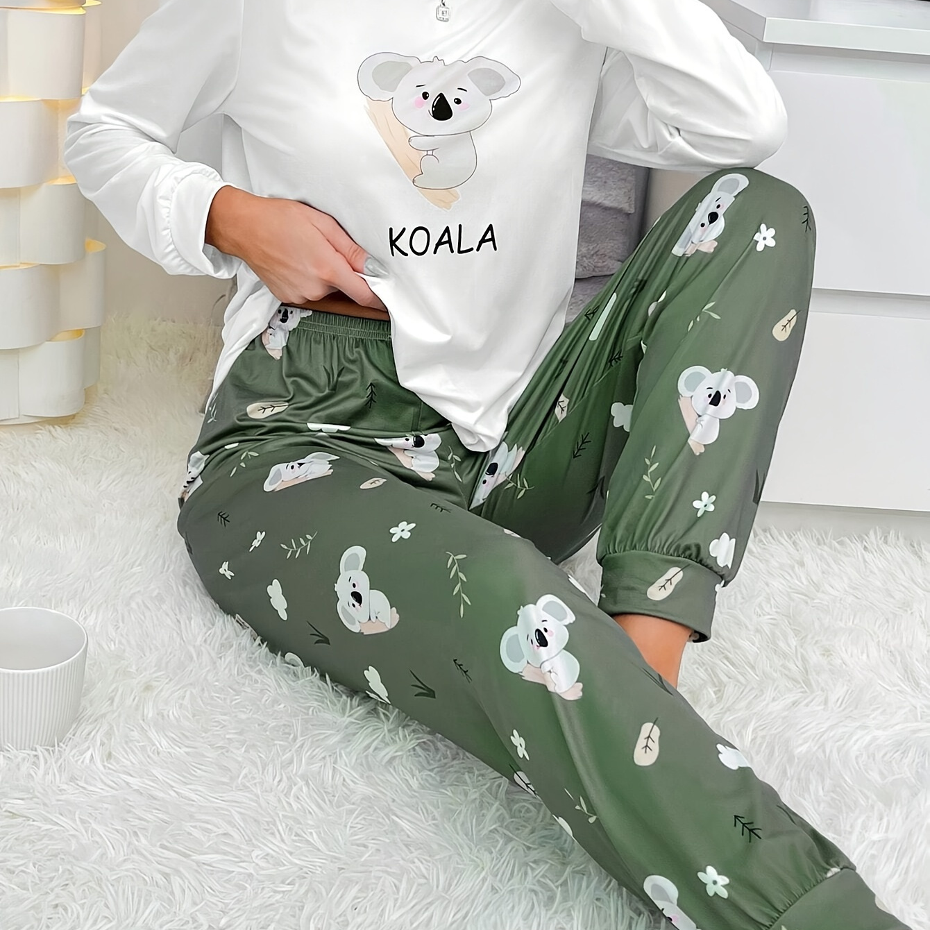 

Koala Cartoon Print Pajama Set For Women - Neck Long Sleeve Top With Patterned Pants, Cozy Polyester Knit Fabric With Elastane, Sleepwear Lounge Set