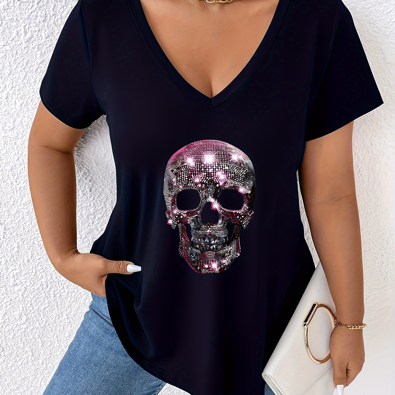 

V-neckline Skull T- For Women - Polyester, , Non-sheer Top Sleeves & Hem, For /summer - In , S To Xxl