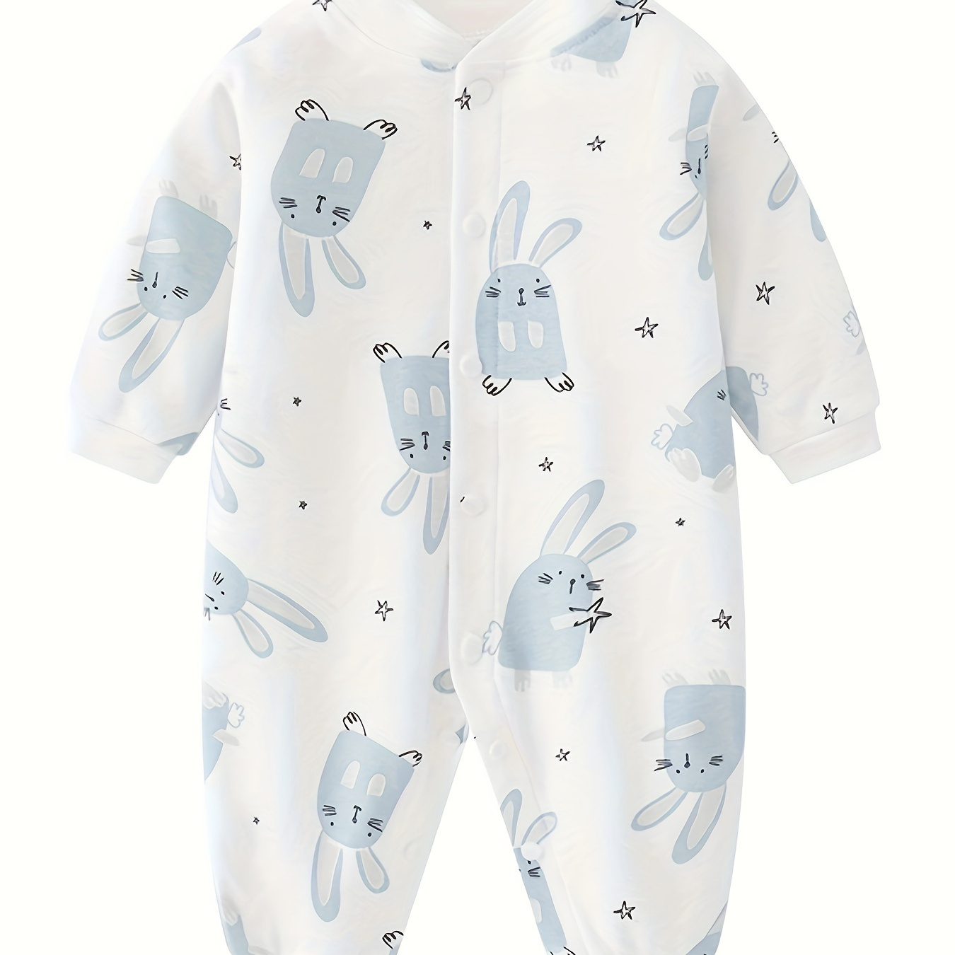 

Infant's 100% Cotton Cute Bunny Print Bodysuit, Button Front Comfy Long Sleeve Onesie, Baby Boy's Clothing