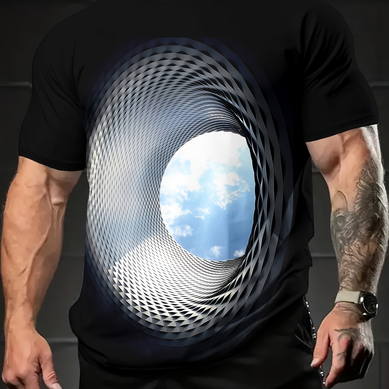 

3d Hole Graphic Printed Crew Neck Short Sleeve T-shirt For Men, Casual Summer T-shirt For Daily Wear And Vacation Resorts