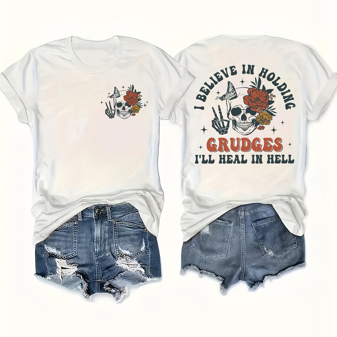 

Skull & Letter Print Crew Neck T-shirt, Short Sleeve Casual Top For Summer & Spring, Women's Clothing