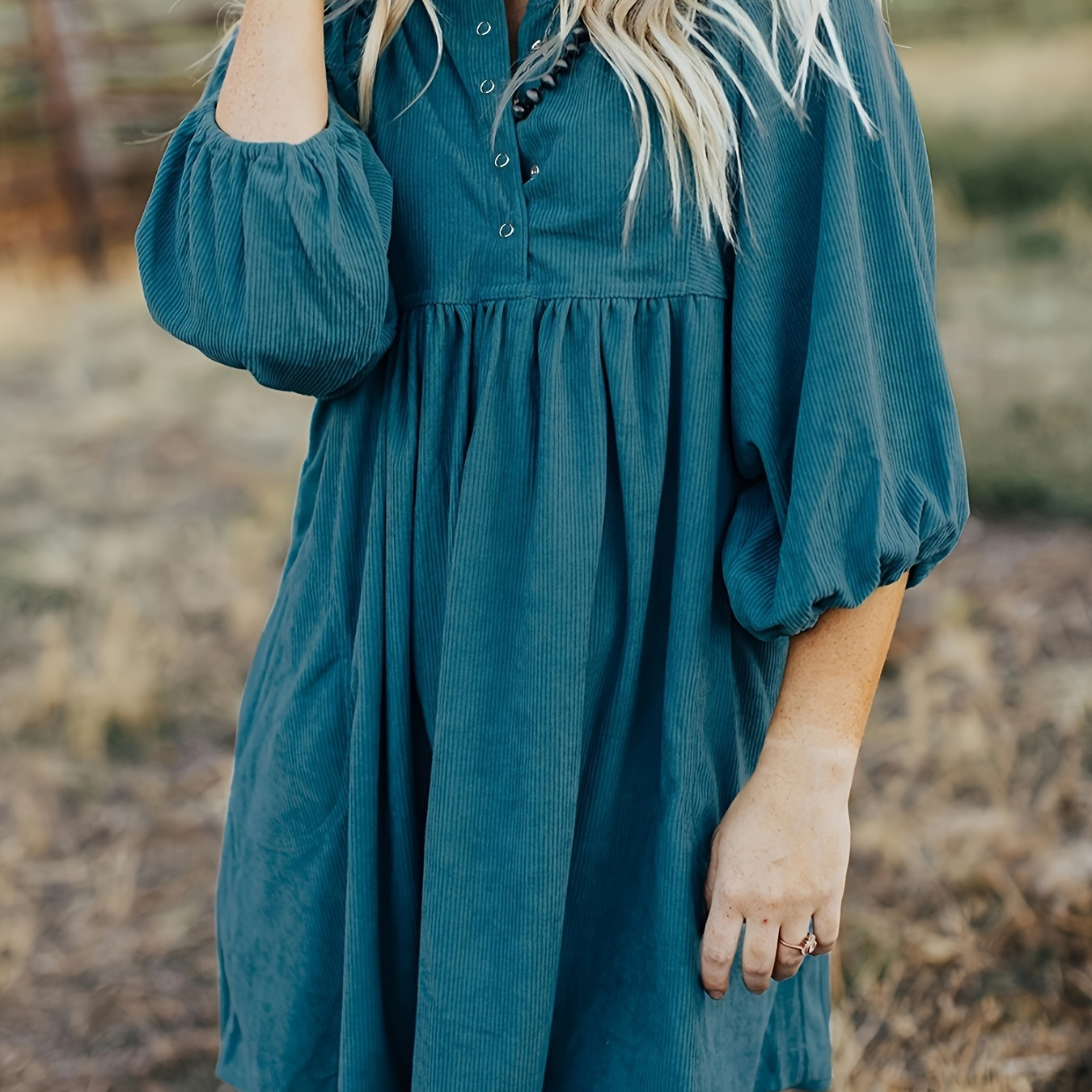 

Build] Chic Women's Teal Corduroy Midi Dress With Button Pocket Detail - Long Sleeve, Round Neck, No Stretch | Machine Washable & Dry