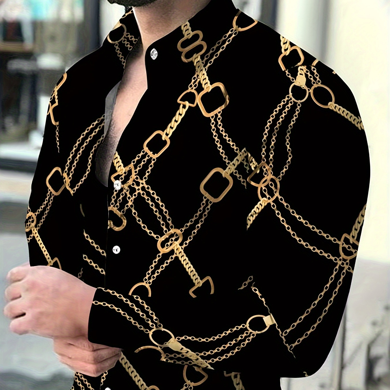 

Trendy Gold Chains Print Men's Long Sleeve Button Up Shirt, Spring Fall, Party Banquet