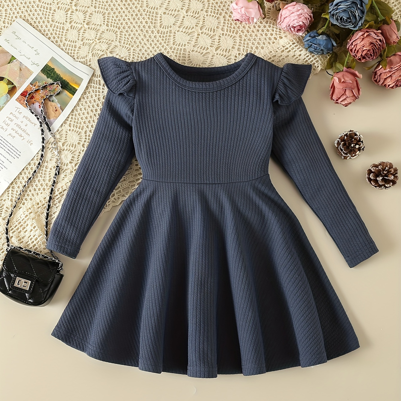 

Solid Flutter Trim Long Sleeve Dress Girls Spring Fall Gift Party