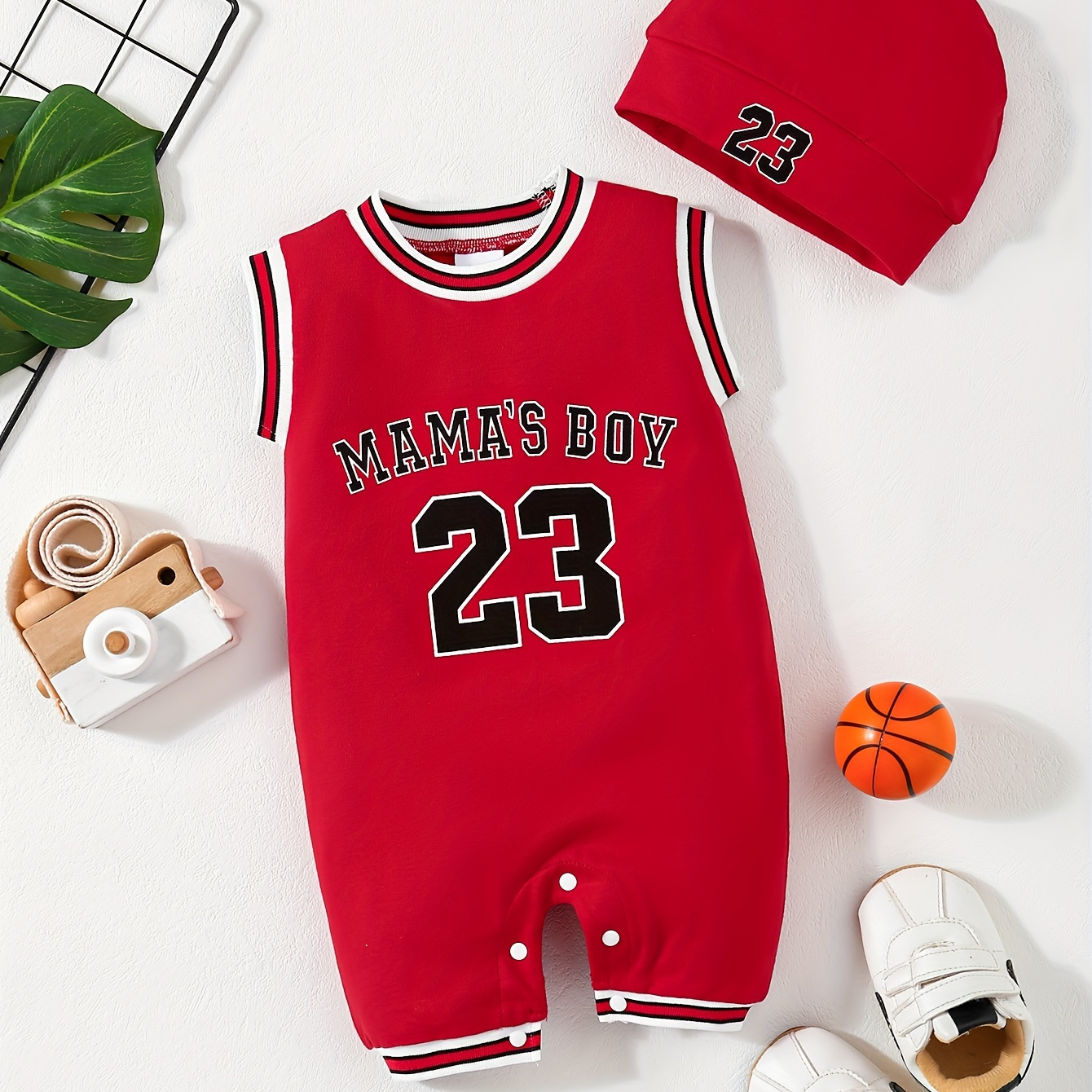

Infant's Sporty Style "mama's Boy" Print Bodysuit & Hat, Casual Sleeveless Romper, Baby Boy's Clothing