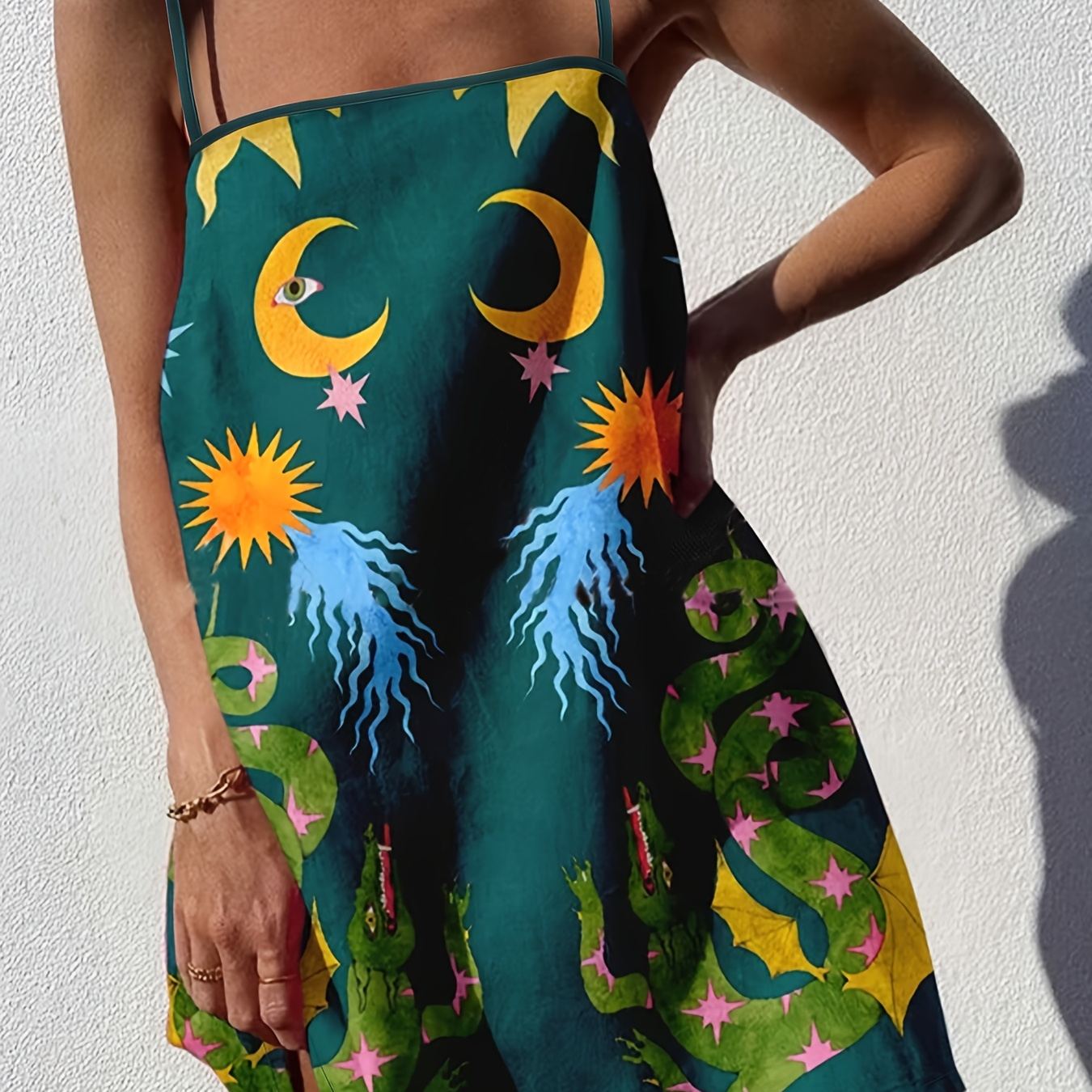 

Moon & Sun Print Cami Dress, Vacation Casual Sleeveless Dress For Summer, Women's Clothing
