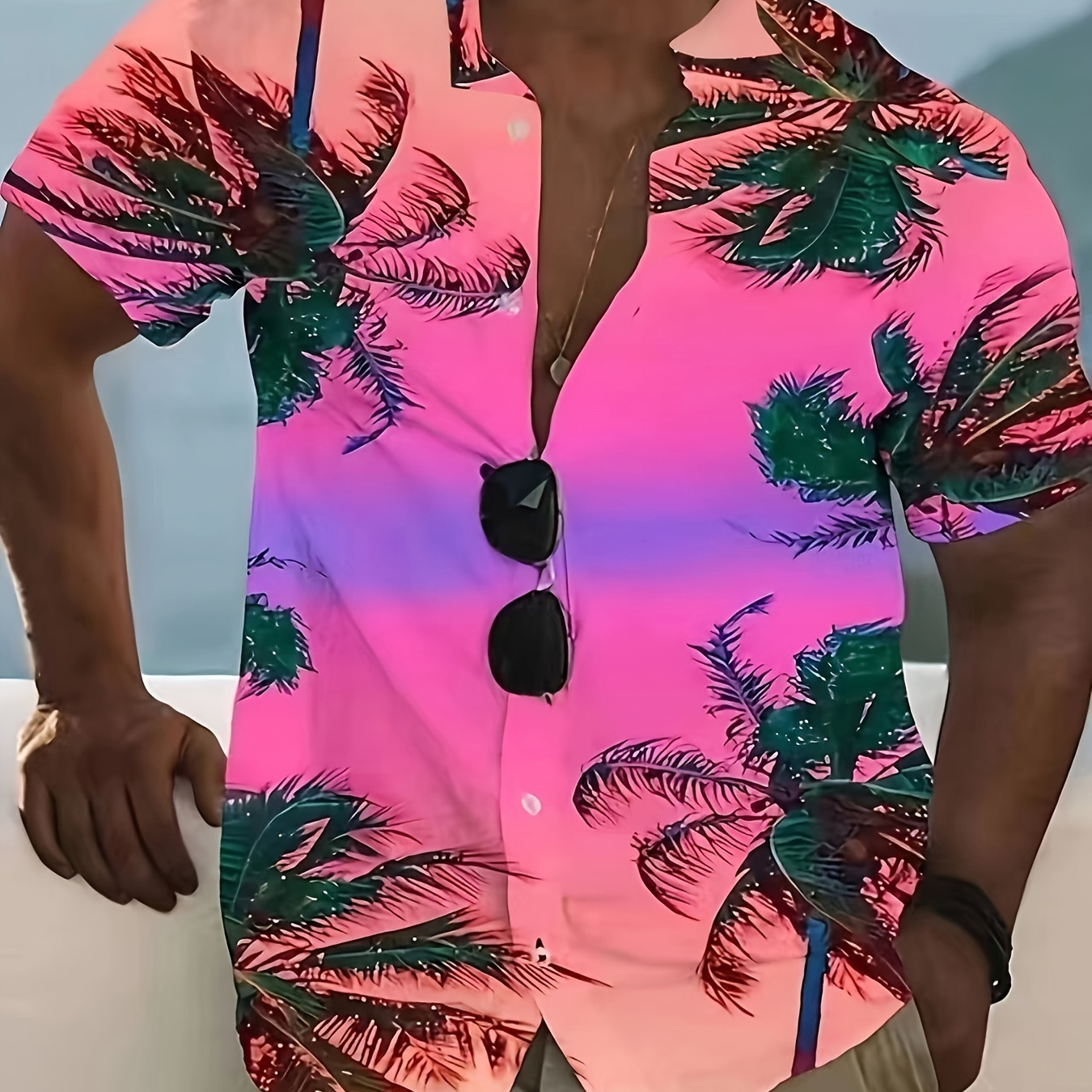 

Men's Tree Gradient Hawaiian Shirt - Vibrant Button-up, Short Sleeve, Casual Summer Wear In Black, Blue, Purple, Green, Plus Size