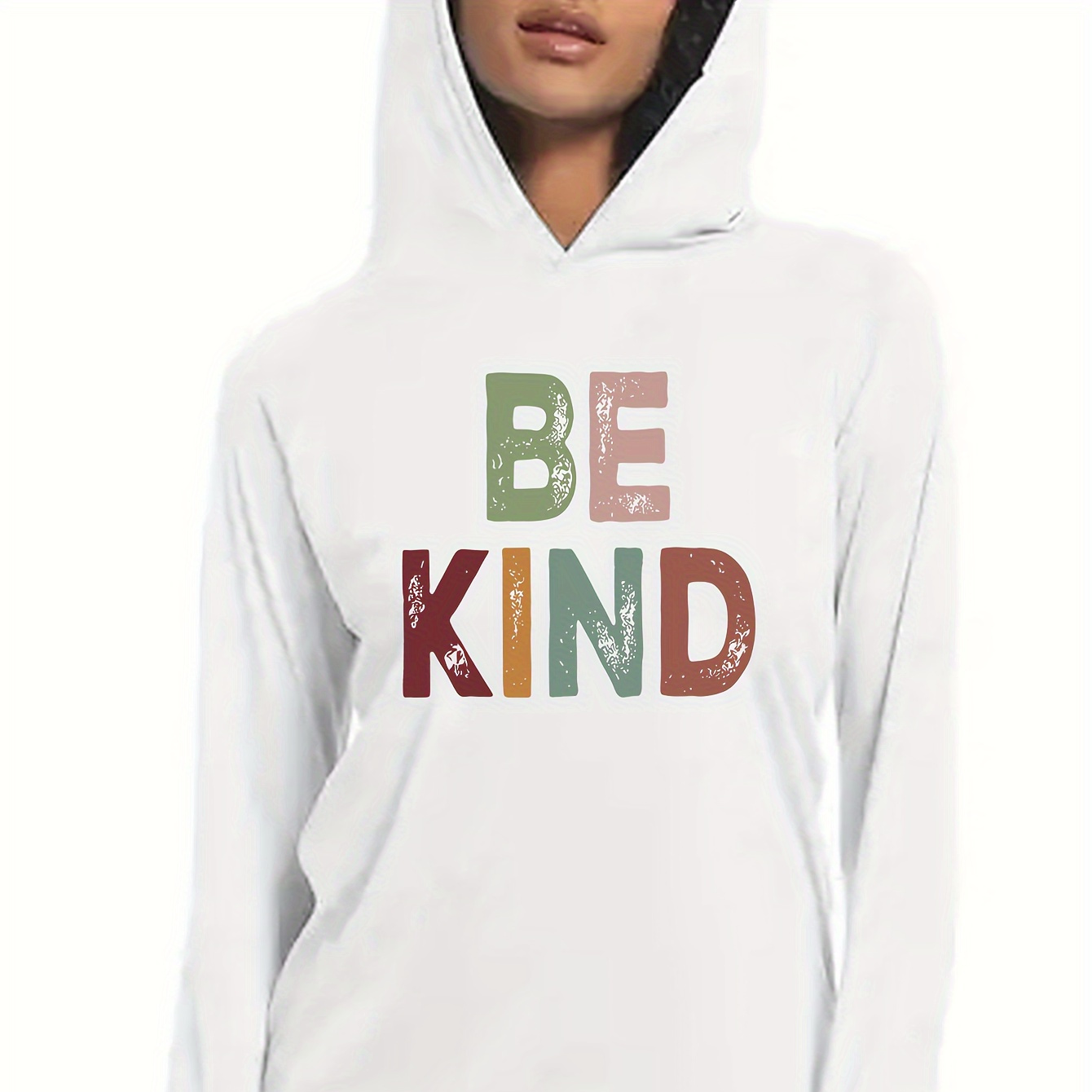 

Be Kind Letter Print Hooded T-shirt, Casual Long Sleeve Top For Spring & Fall, Women's Clothing