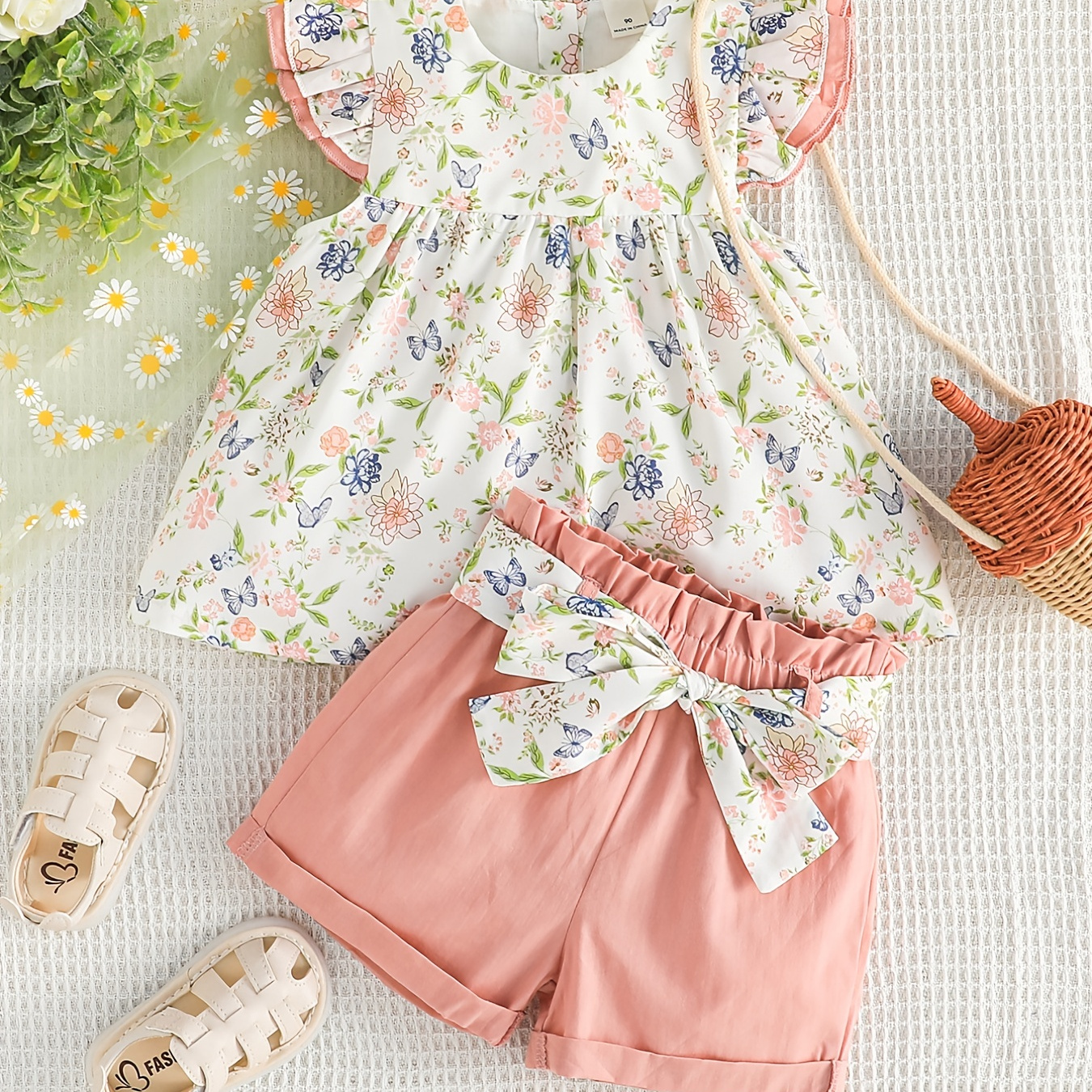 

2pcs Girls Round Neck Sleeves Floral Blouse Top & Elastic Waist Belted Shorts Set Kids Summer Clothes
