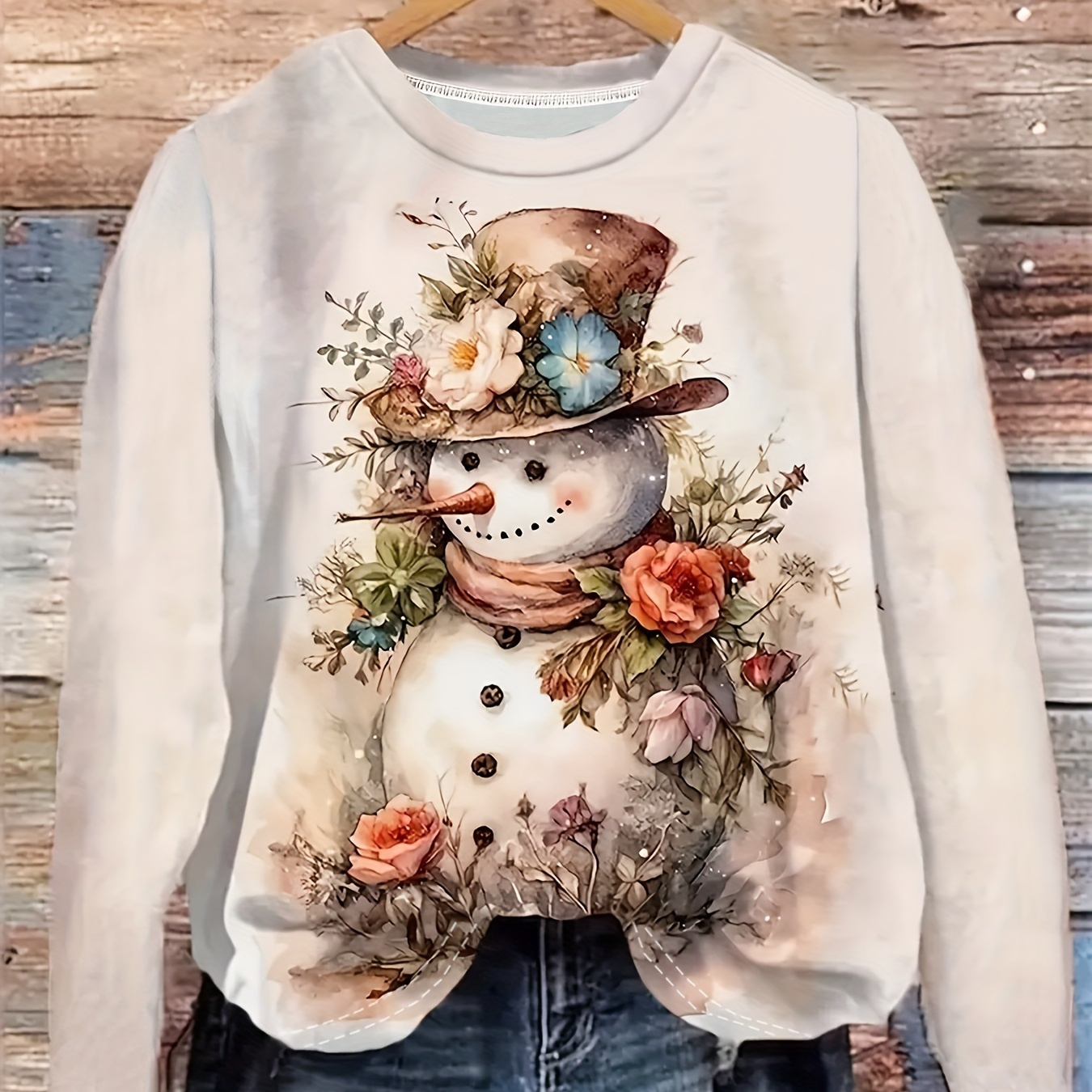 

Cozy Floral Snowman Print Women Sweatshirt - Stylish Casual Crew Neck With Fleece Lining - Trendy Long Sleeve For Casual Attire