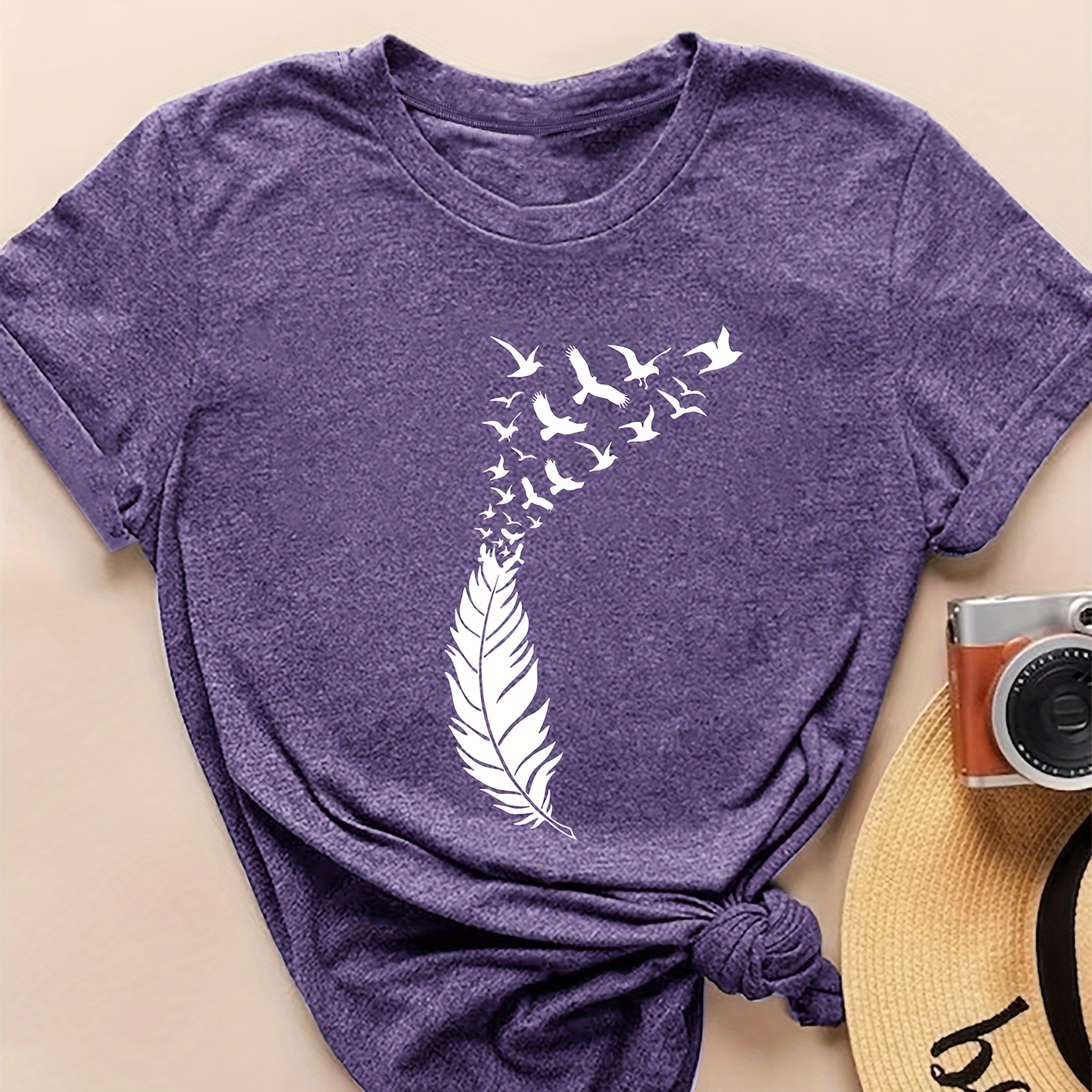 

Women' Style Feather & Birds Print Round Neck Short Sleeve T-shirt, Casual Purple Tee For Spring/summer