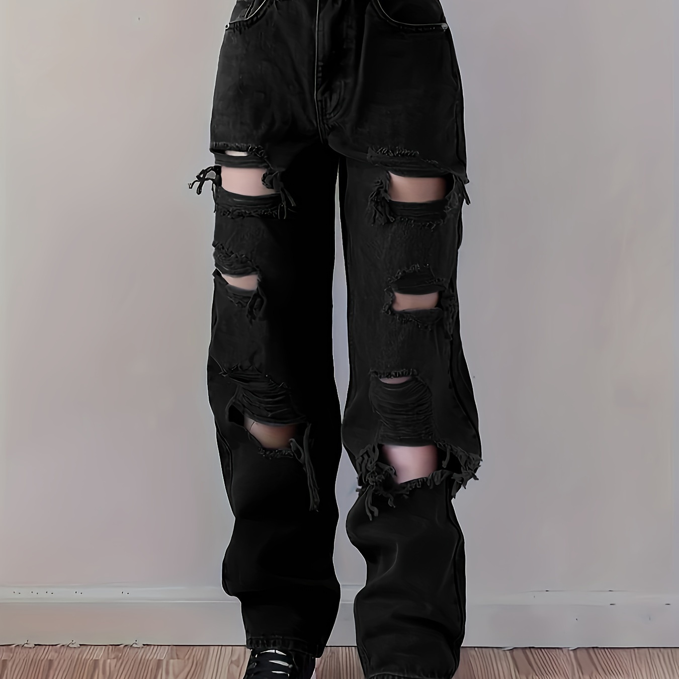 

Black High Waist Straight Jeans, Loose Fit Ripped Holes Casual Denim Trousers, Women's Denim Jeans & Clothing