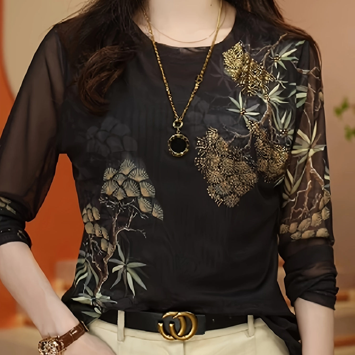 

Elegant Women's Floral Print Long Sleeve Sheer Top - Semi-sheer, High Stretch Knit For Spring & Fall