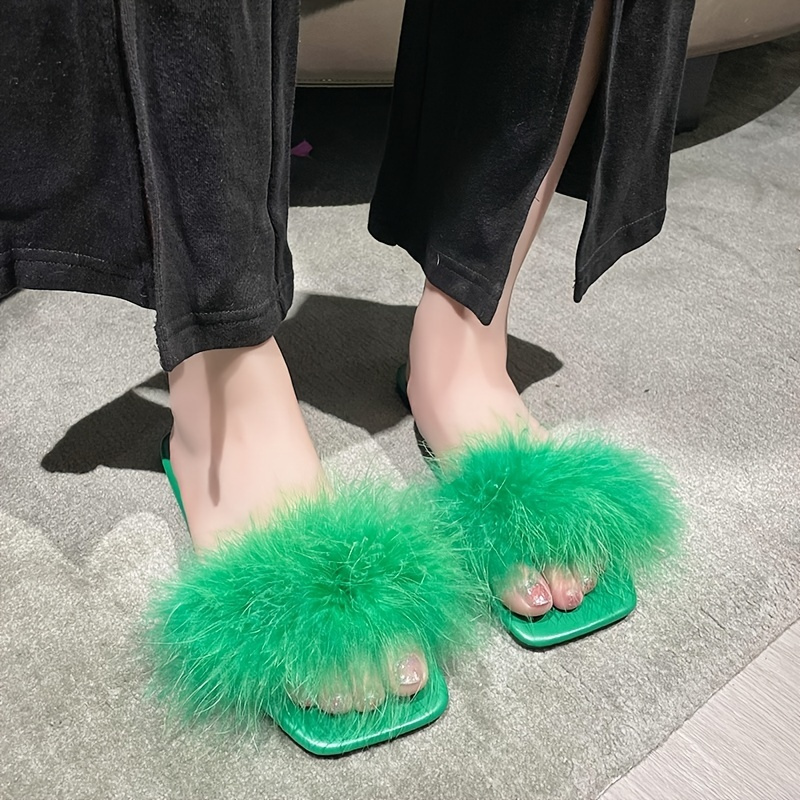 Olive green fur online slides