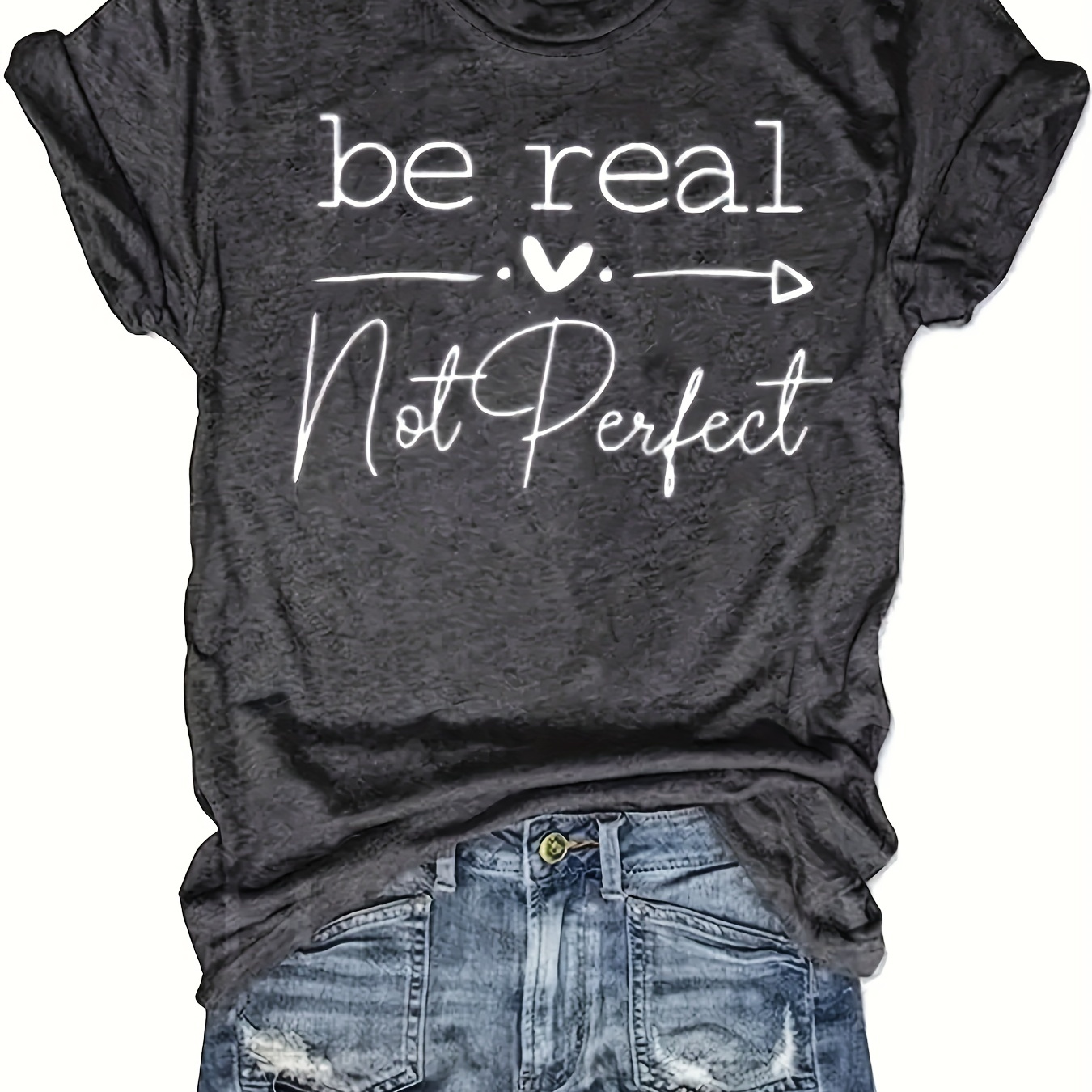 

Plus Size Be Real Not Perfect Letter Print T-shirt, Short Sleeve Crew Neck Casual Top For Summer & Spring, Women's Plus Size Clothing