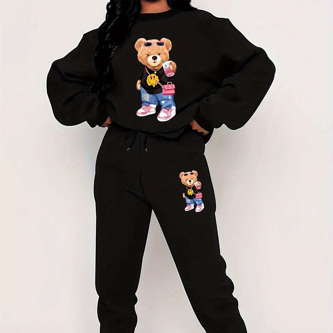 

Women' Cartoon Two-piece Set - Cozy Polyester Crew Neck Sweatshirt & Jogger Pants, Machine Washable, Fall/winter