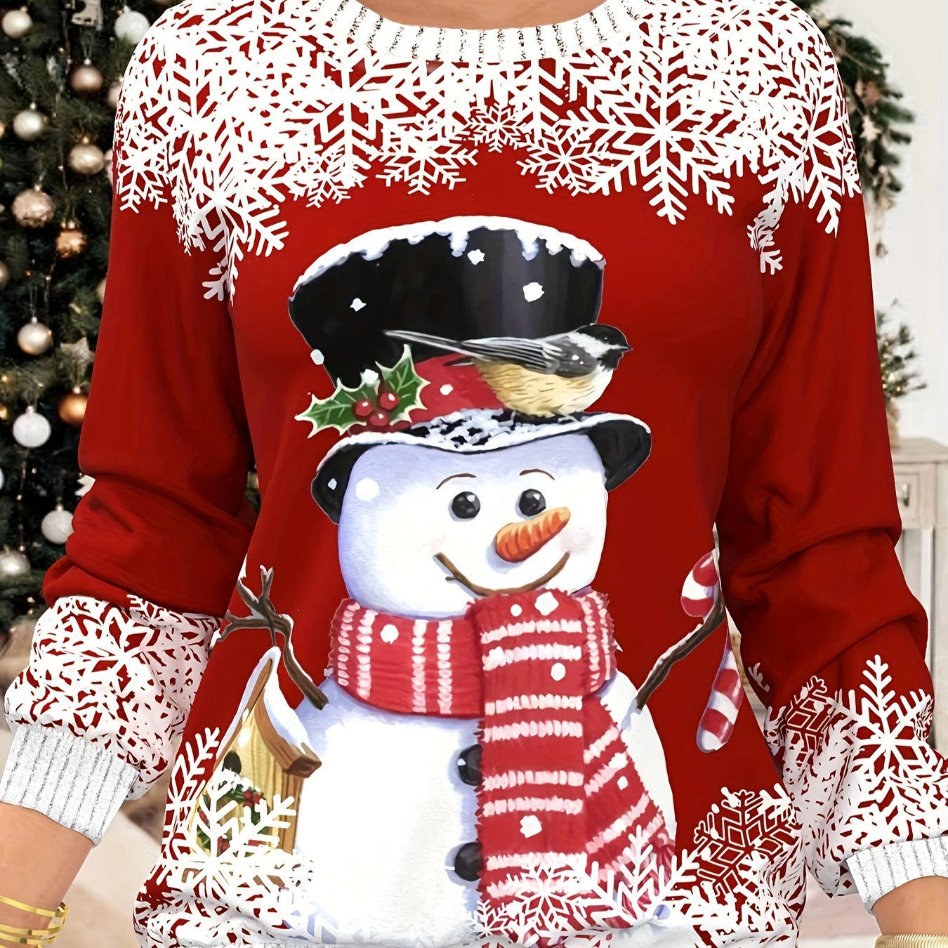 

Snowman & Snowflake Print Sweatshirt, Casual Long Sleeve Crew Neck Sweatshirt, Women's Clothing