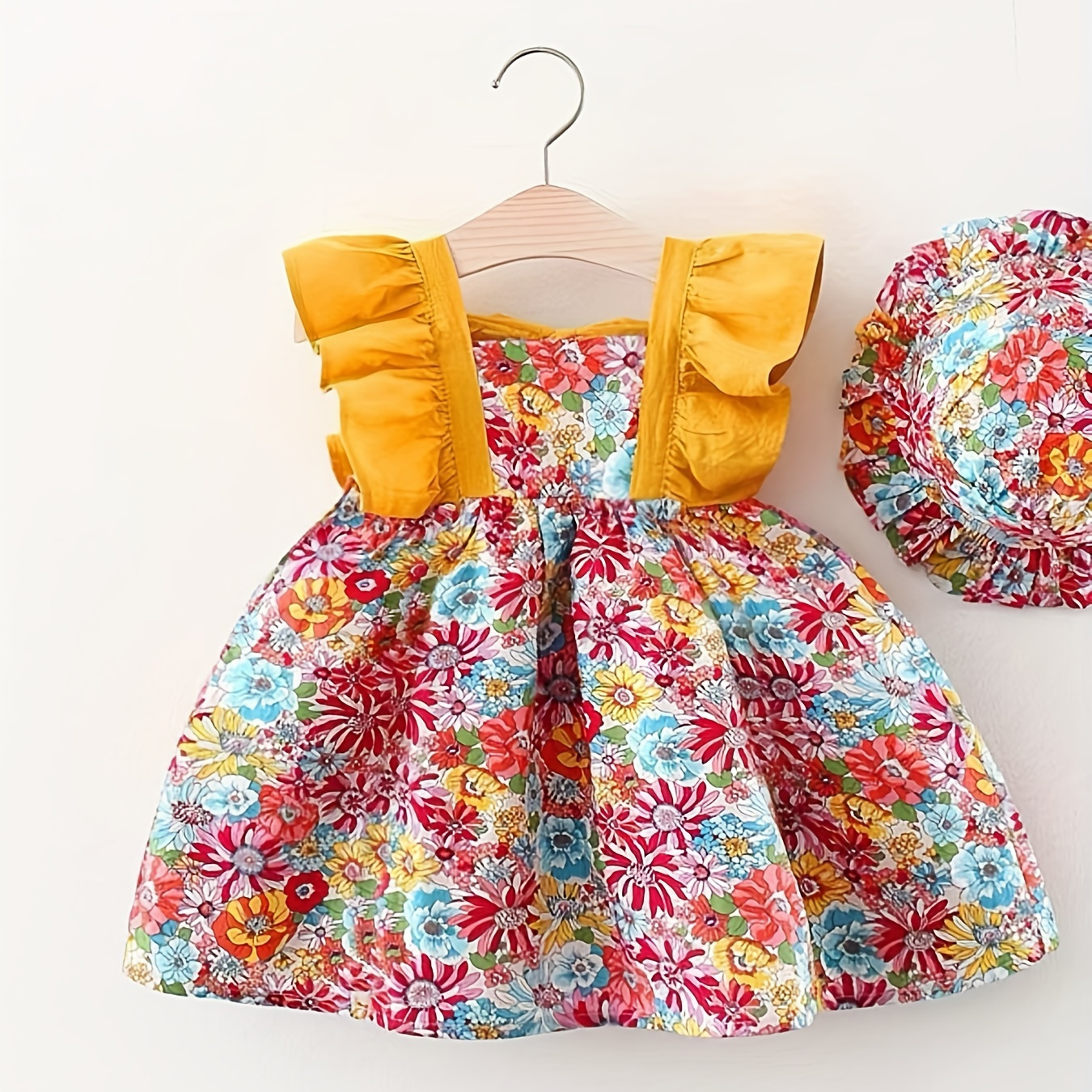 

Girls Sundress + Hat, Holiday Style Flutter Sleeve Princess Dress For Summer Going Out