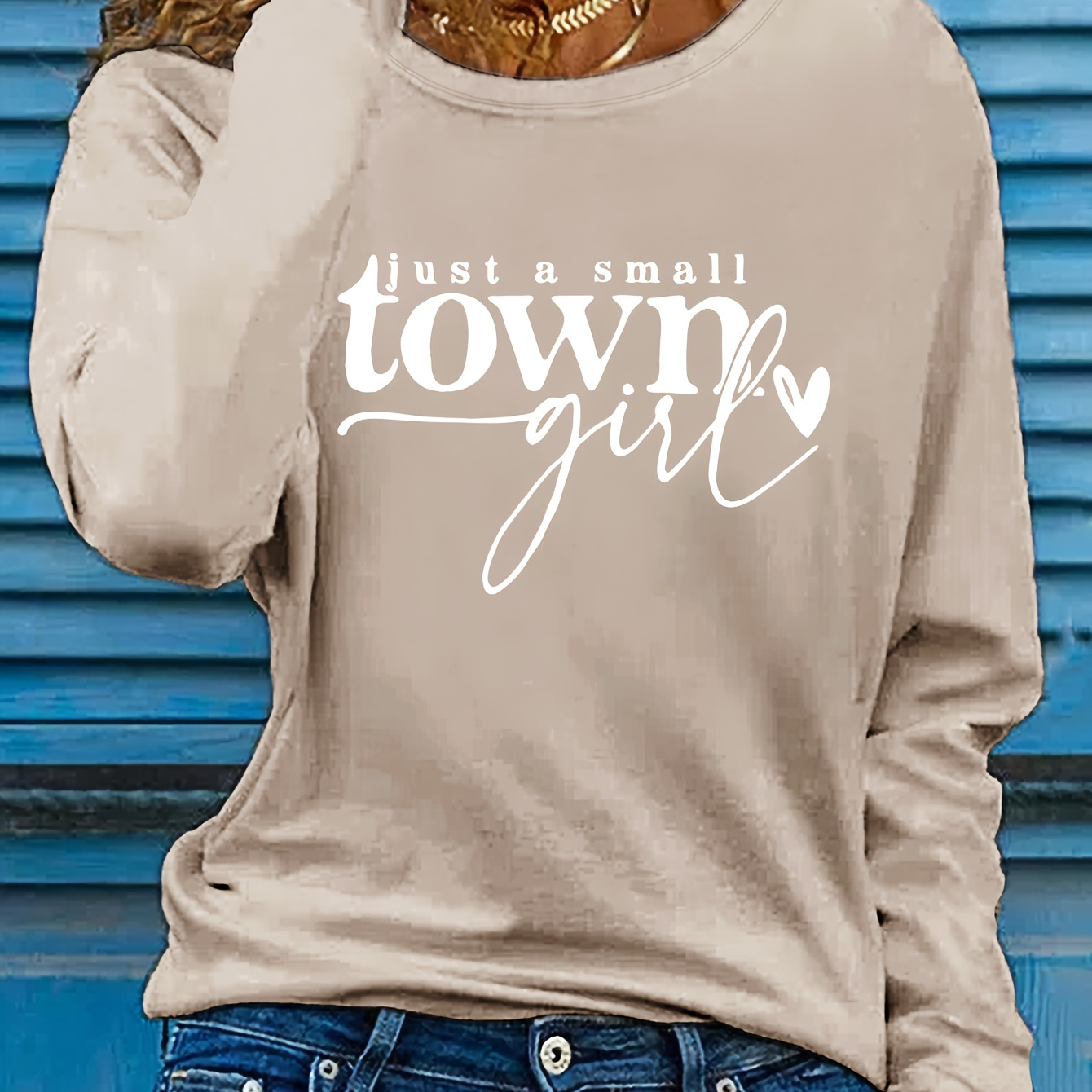 

Casual Polyester Women's Long Sleeve Crew Neck Sweatshirt With "just A Small " Applique - Knit Fabric, Slight Stretch, Pullover Print Top For Fall