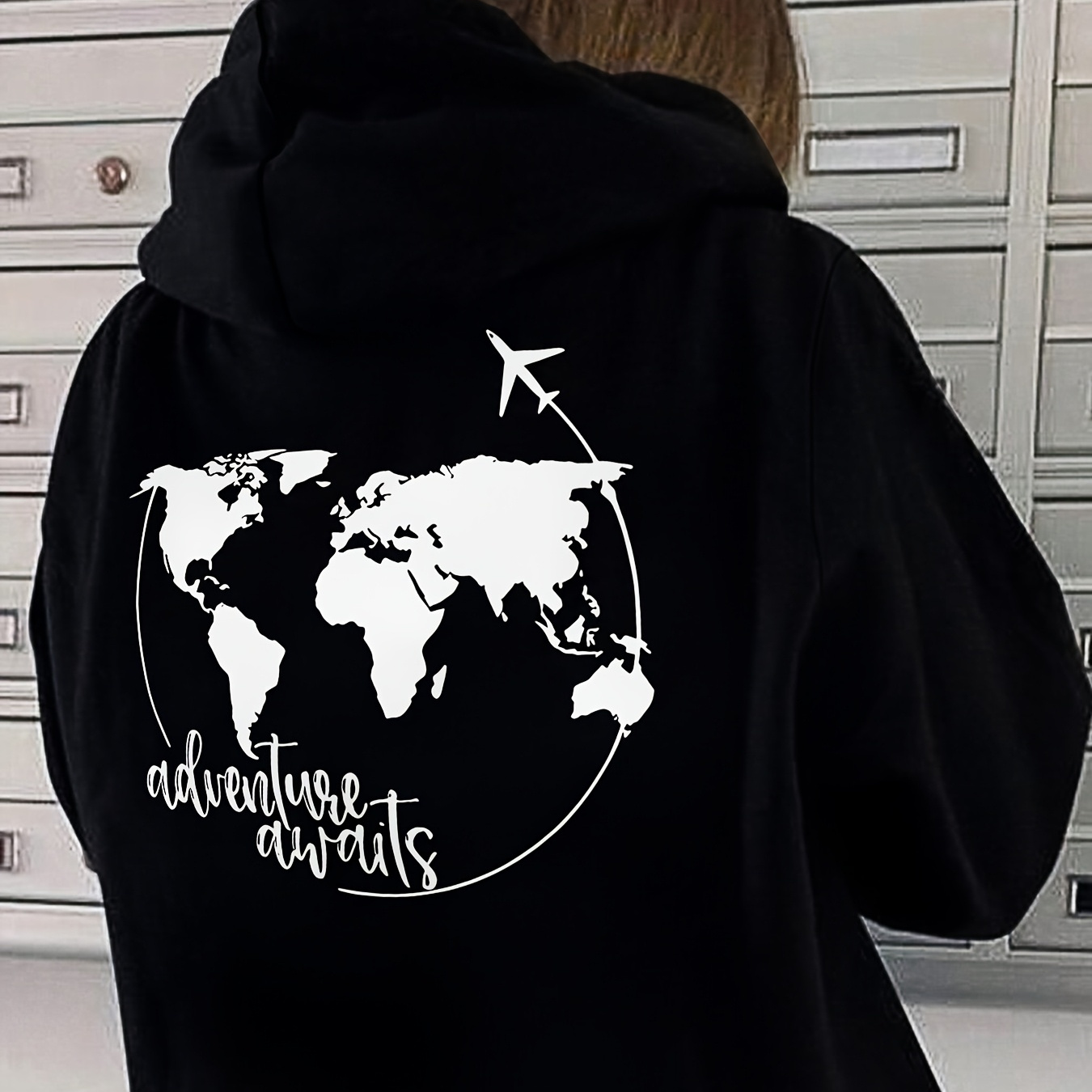 

1pc Women's Casual Polyester Hoodie With Graphic, Geometric World Map & , Knit Fabric Hooded Sweatshirt With Pockets For Spring/summer/fall