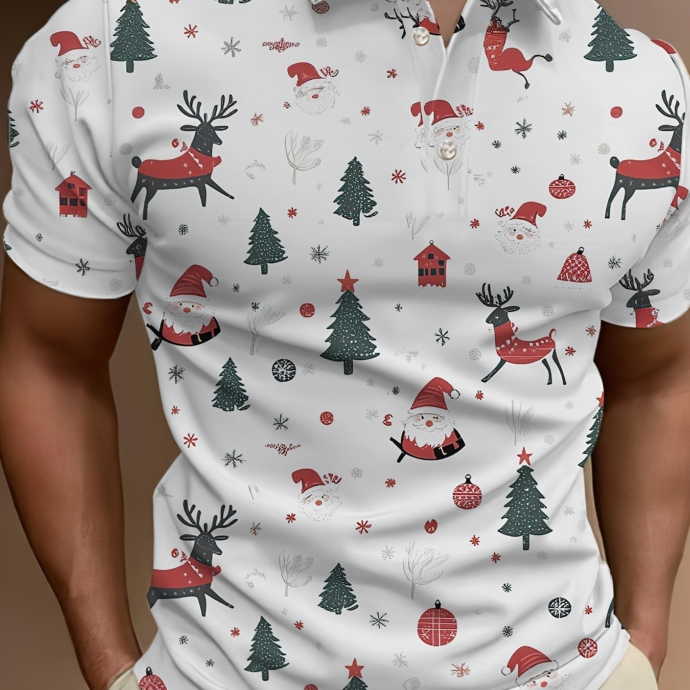 

Chemise décontractée pour l'été avec col de lapin et imprimé de Noël numérique 3D - Tissu tricoté en polyester 100% avec légère élasticité, détail bouton, haut à manches courtes et taille régulière